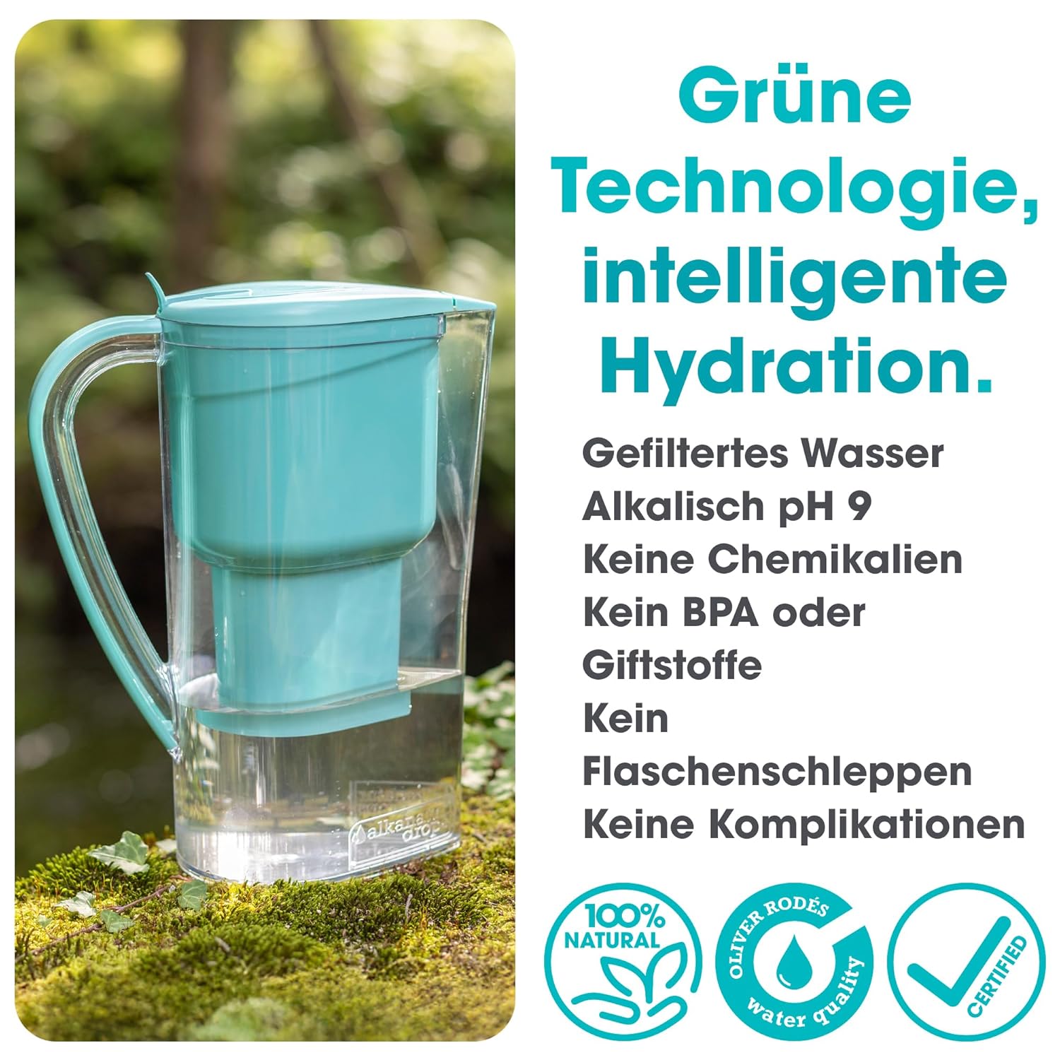 Wasserfilterkrug grün für Leitungswasser mit geringem Magnesiumausstoß, filtert Wasser, unterstützt die Ionisierung und setzt Magnesium ab pH 9 frei. 1,4 Liter Fassungsvermögen, filtert Kalk, Chlor und Metalle ohne – Bild 4