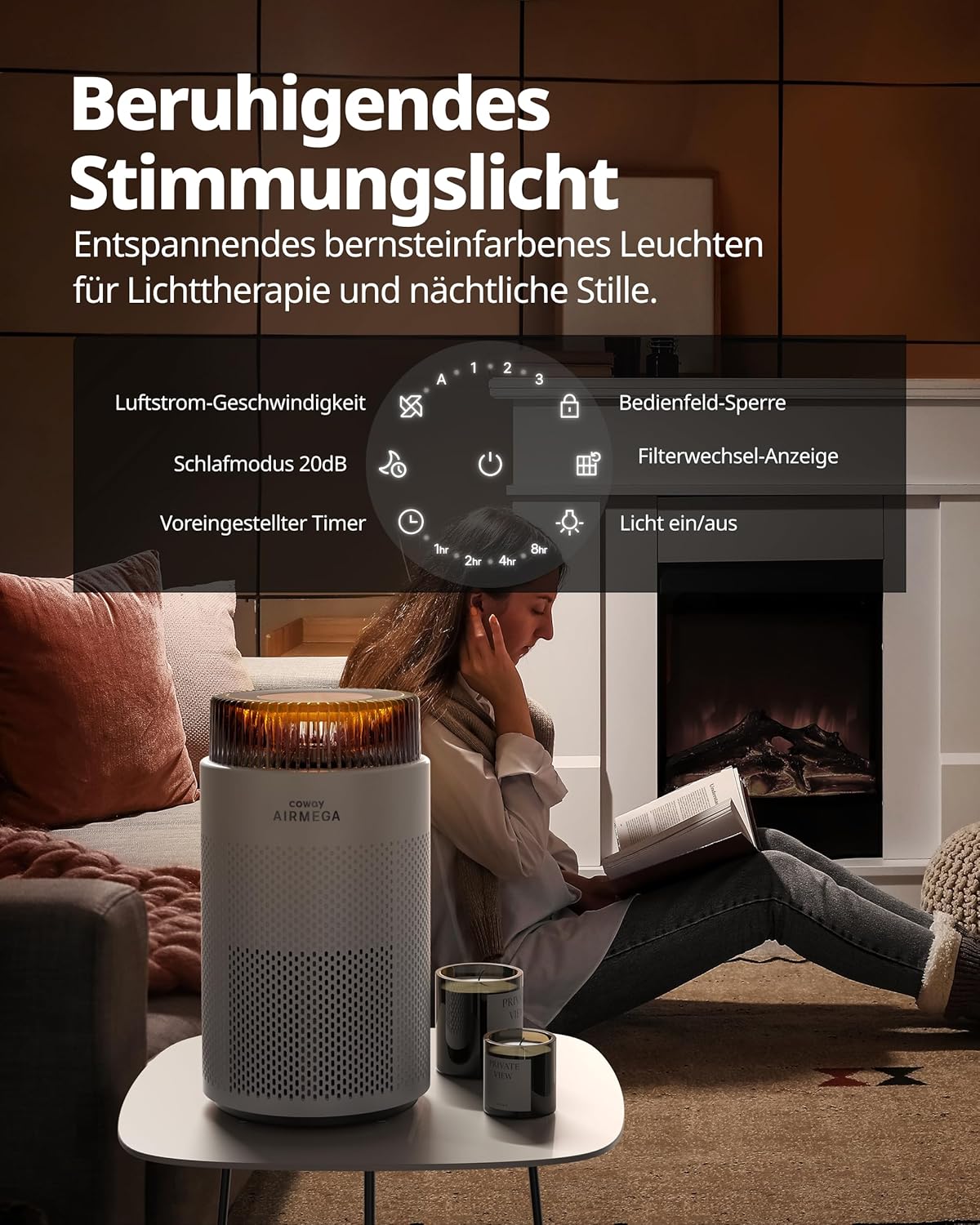 COWAY Luftreiniger für Allergiker, superleiser Schlafmodus, Stimmungslicht, entfernt 99,999 % der schädlichen Partikel bis 0,01 µm, für Allergiker (ECARF-Siegel), Staubpollen, CADR 244 m³/h – Airmega 100 – Bild 6