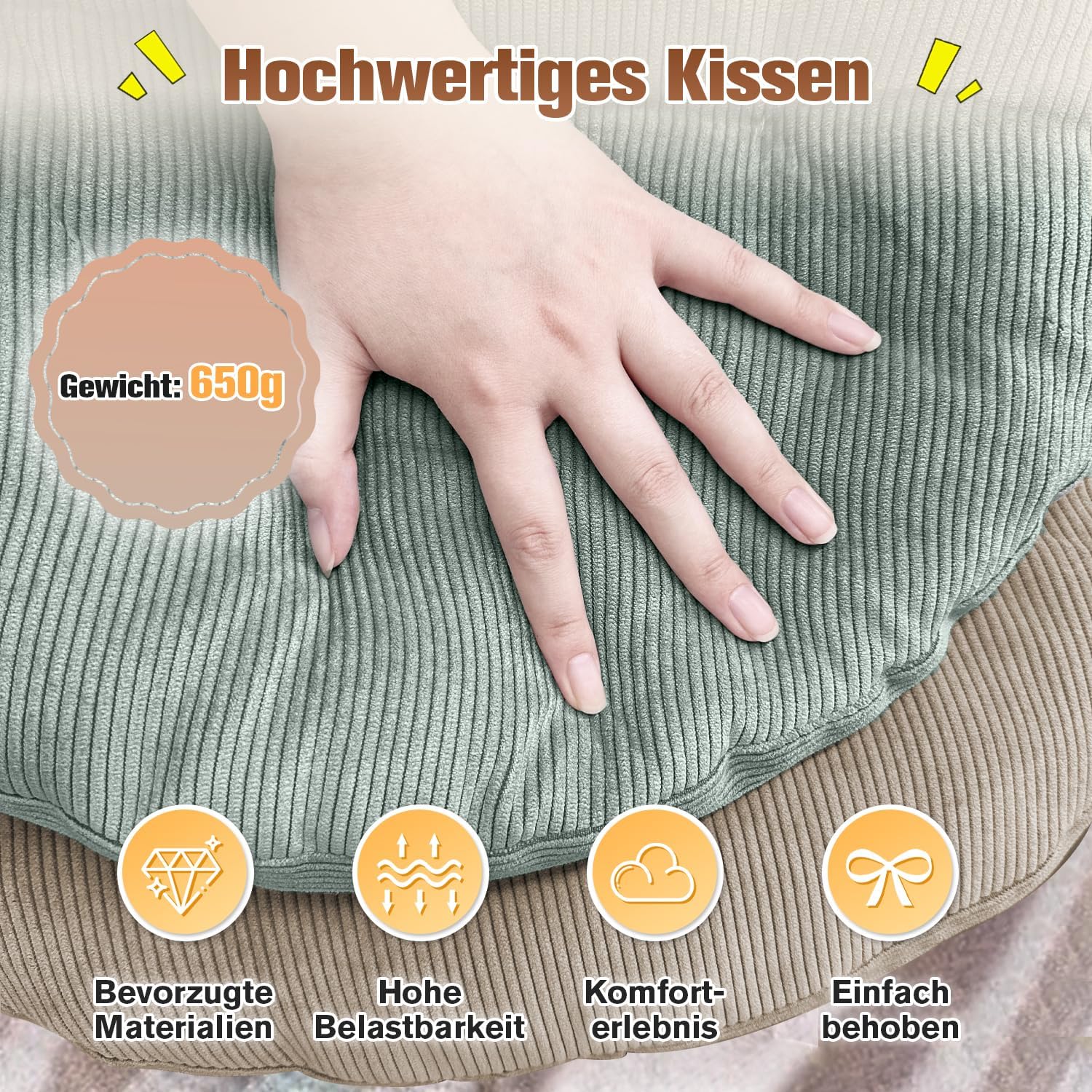 Sitzkissen rund 30 cm, Dicke 6 cm, 1 Stück, Bodenkissen, rundes Sitzkissen, Stuhlkissen, Kissen für Wohnzimmer, Büro, Konferenzraum, Cordstoff (Mintgrün) – Bild 3