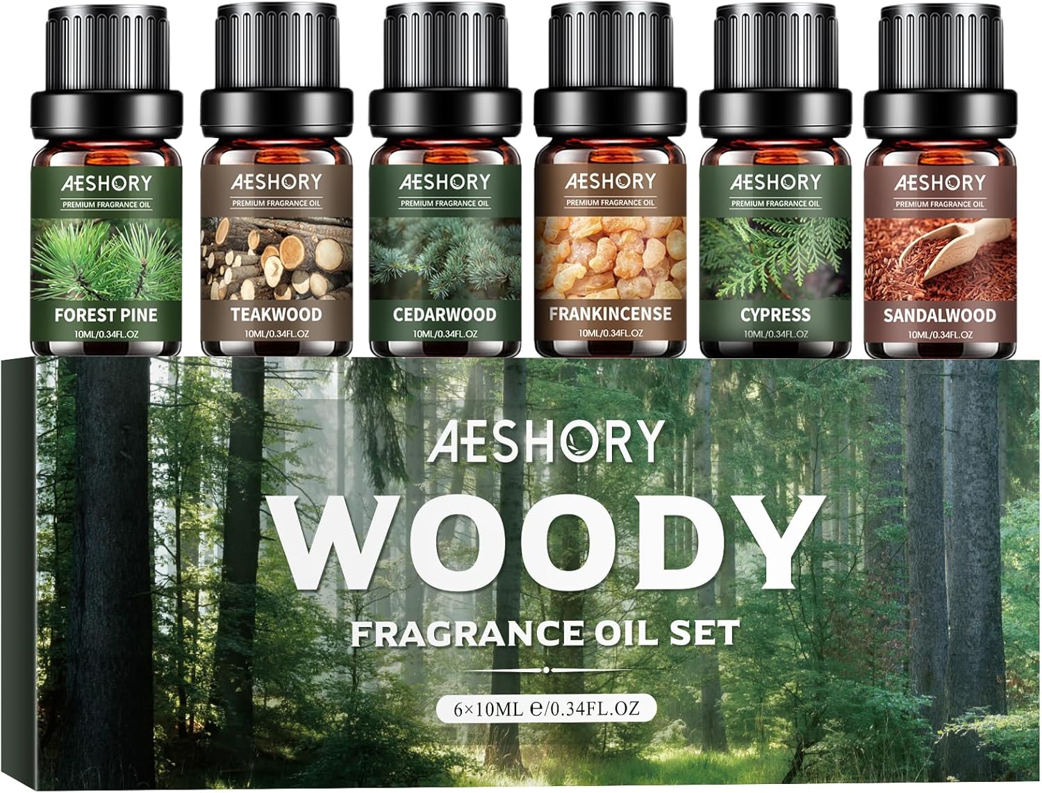 AESHORY Woody Essential Oils Set 6 x 10 ml, natürliches Aromatherapie-Duftöl-Geschenkset für Diffusor, Kerzenherstellung – Weihrauch, Sandelholz, Zedernholz, Teak, Zypresse, Waldkiefer