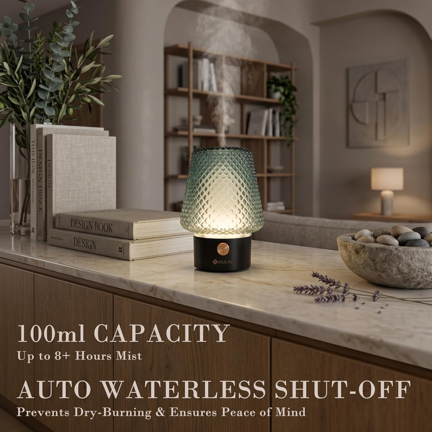 MULIN Aroma-Diffusor 100 ml, mundgeblasener Glas-Duftöl-Diffusor, leiser Ultraschall-Aromatherapie-Diffusor für ätherische Öle, 7-Farben-LED-Licht, BPA-frei, für den Heimgebrauch – Bild 5