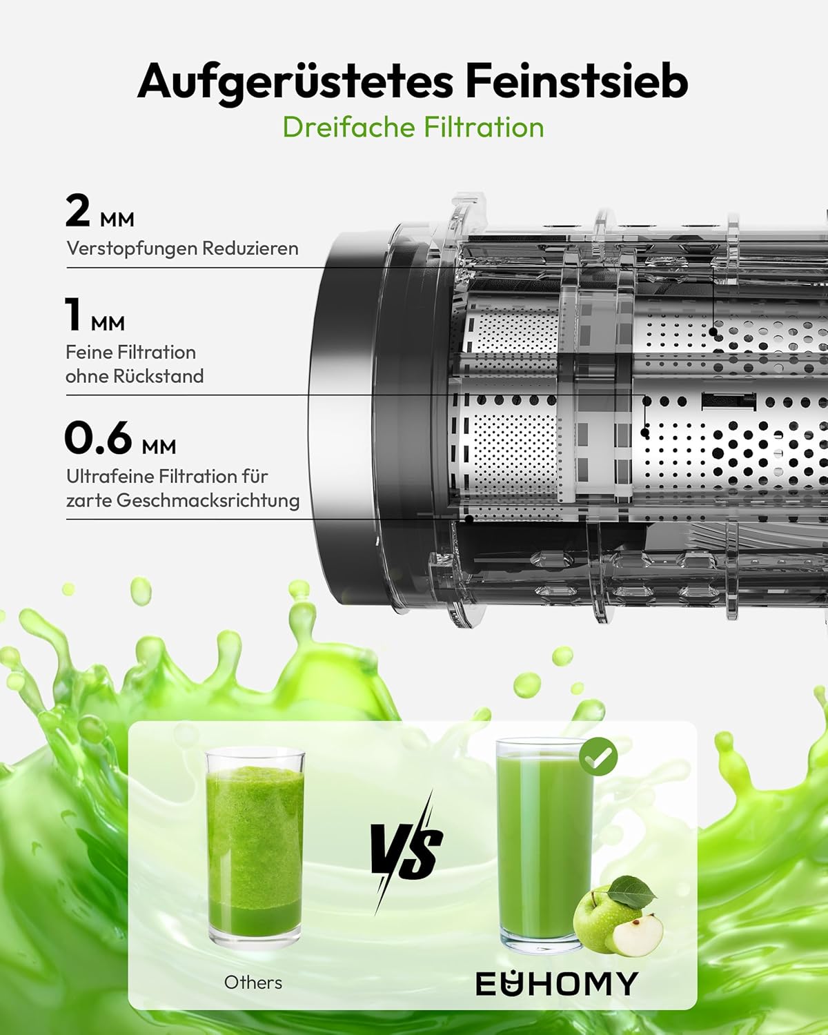 EUHOMY Entsafter, Slow Juicer, Entsafter Gemüse und Obst, Testsieger mit 135 mm Einfüllöffnung, 1,8 l Fassungsvermögen, 2 Tassen, elektrischer Entsafter, Schwarz Silber – Bild 7
