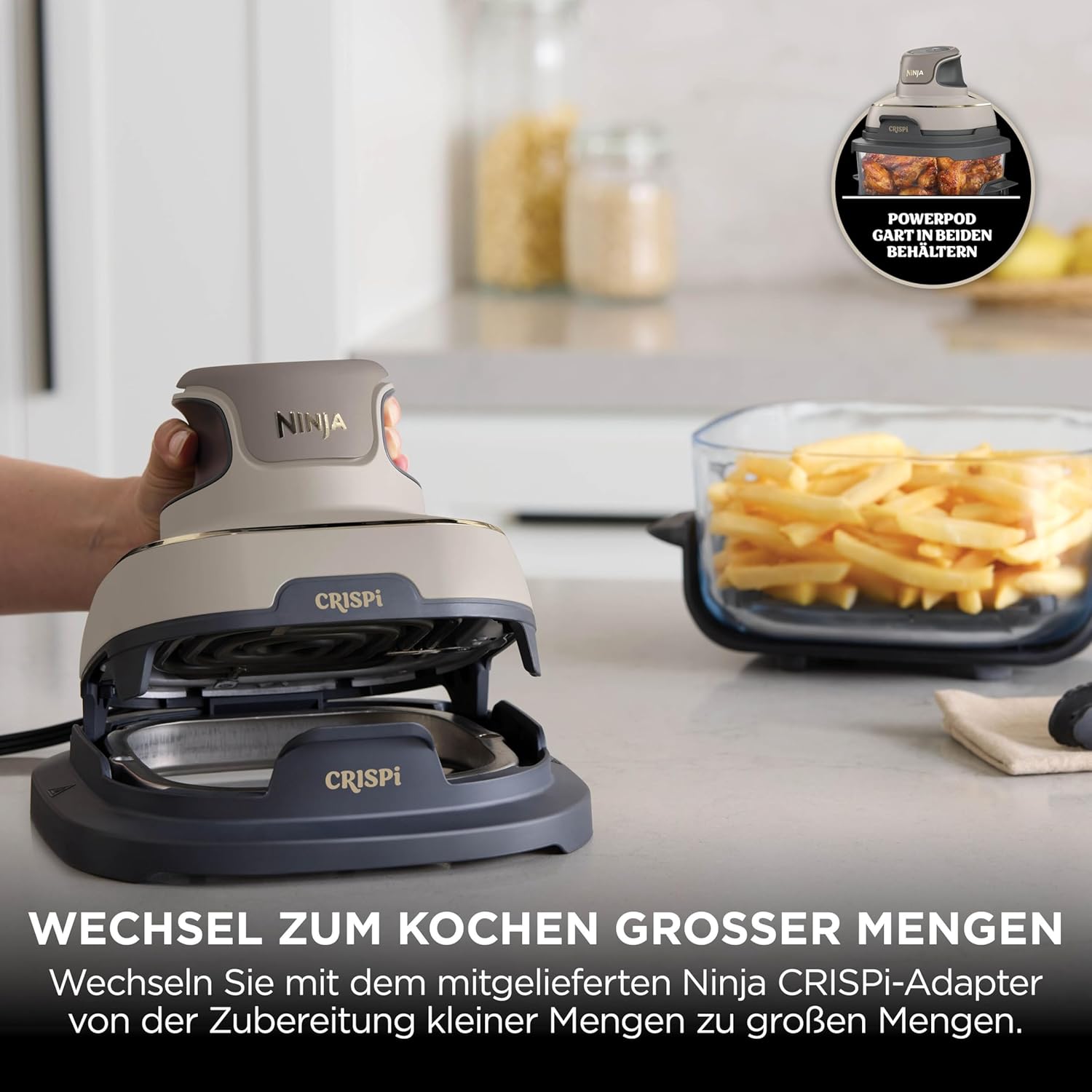 Tragbare Heißluftfritteuse Ninja CRISPi, 3,8 l, 4-in-1: Heißluftfrittieren, Rösten, Warmhalten, erneut knusprig, 6 Portionen, 2 abnehmbare Glasbehälter und Deckel, 1700 W, Steingold FN101EUSTGD – Bild 11