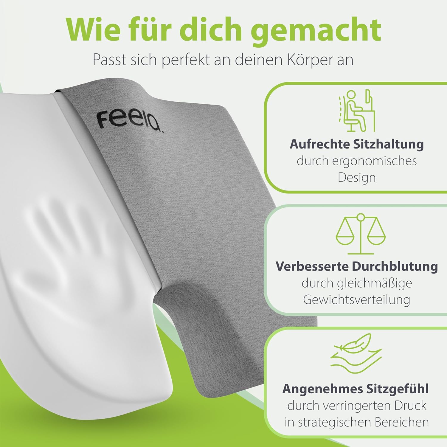 Feela. Orthopädisches Keilkissen (3 Härtegrade) – Haltungskorrektur aus Memory-Schaum für mehr Sitzkomfort und Linderung von Ischias – ideales Sitzkissen für Stuhl für Büro und Sofa (mittel) – Bild 3
