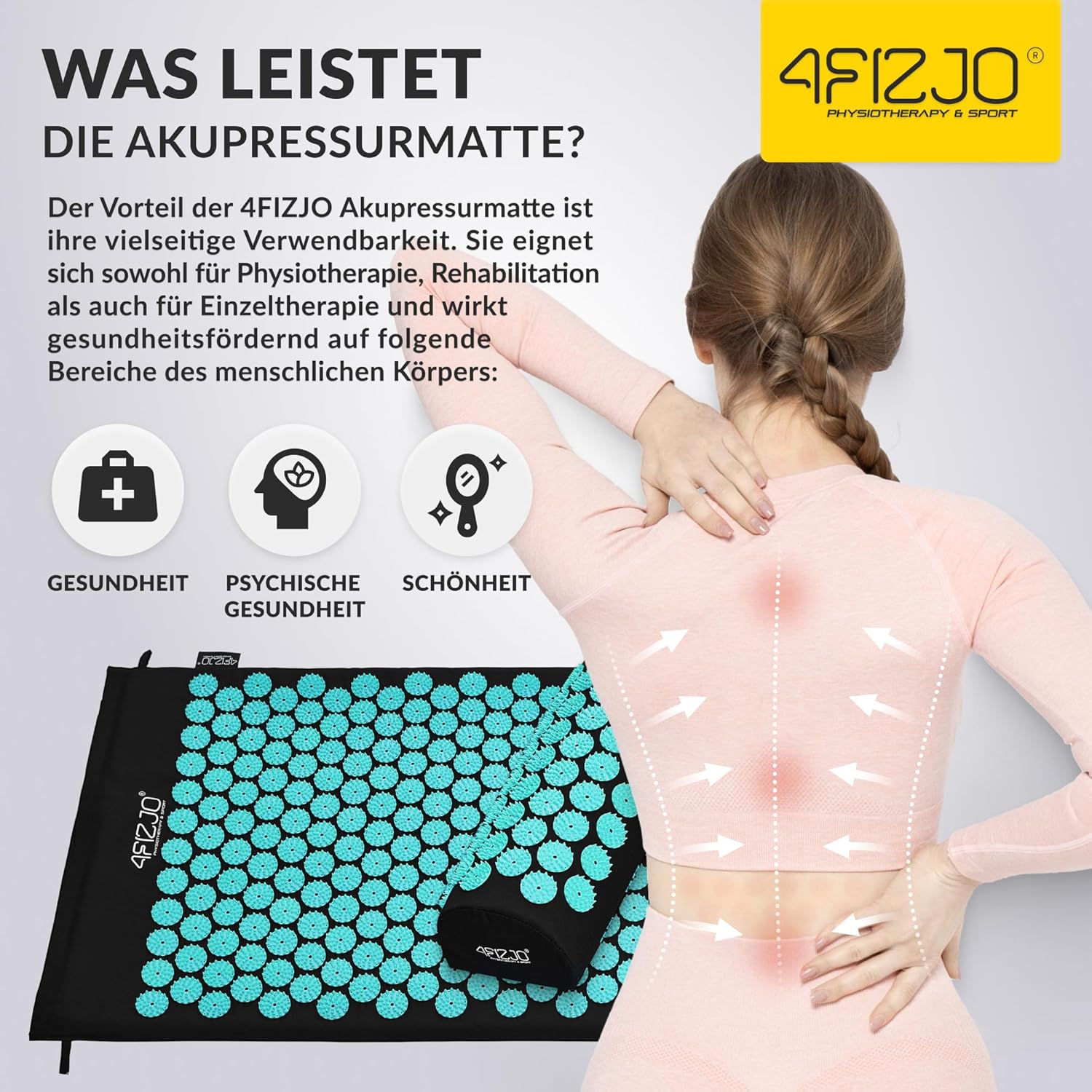 4FIZJO Akupressurmatte & Kissen, 68x42x2 cm, mit Tragetasche, Polyurethanschaum, Hypoallergen, 9618 Stacheln, Massagematte für bessere Durchblutung, Muskeln Entspannung, Farbe: Schwarz und Blau – Bild 12