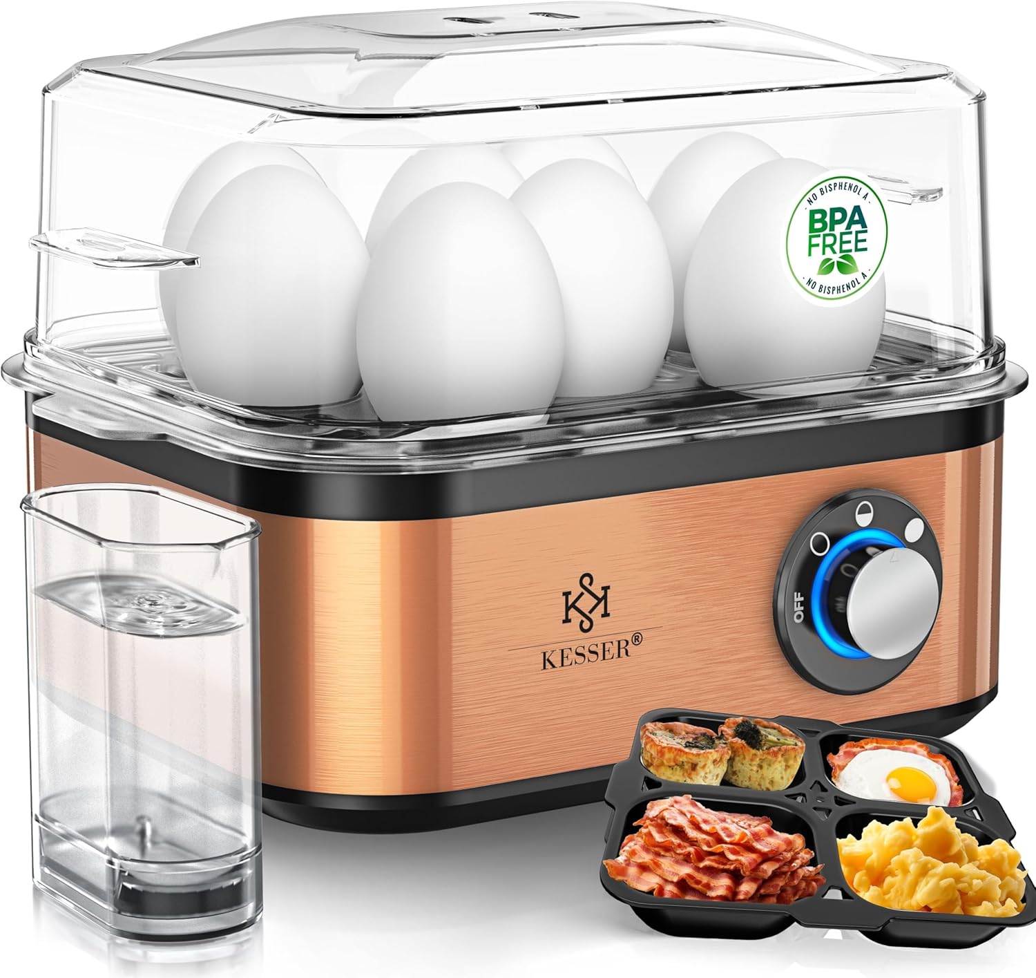 KESSER Eierkocher für 1 bis 8 Eier, elektrisch, Edelstahl, 500 W, Warmhaltefunktion, LED-Drehschalter, drei Härtegrade, BPA-frei und spülmaschinenfest, Messbecher, Eierhalter und Omlette-Schüssel, Kupfer