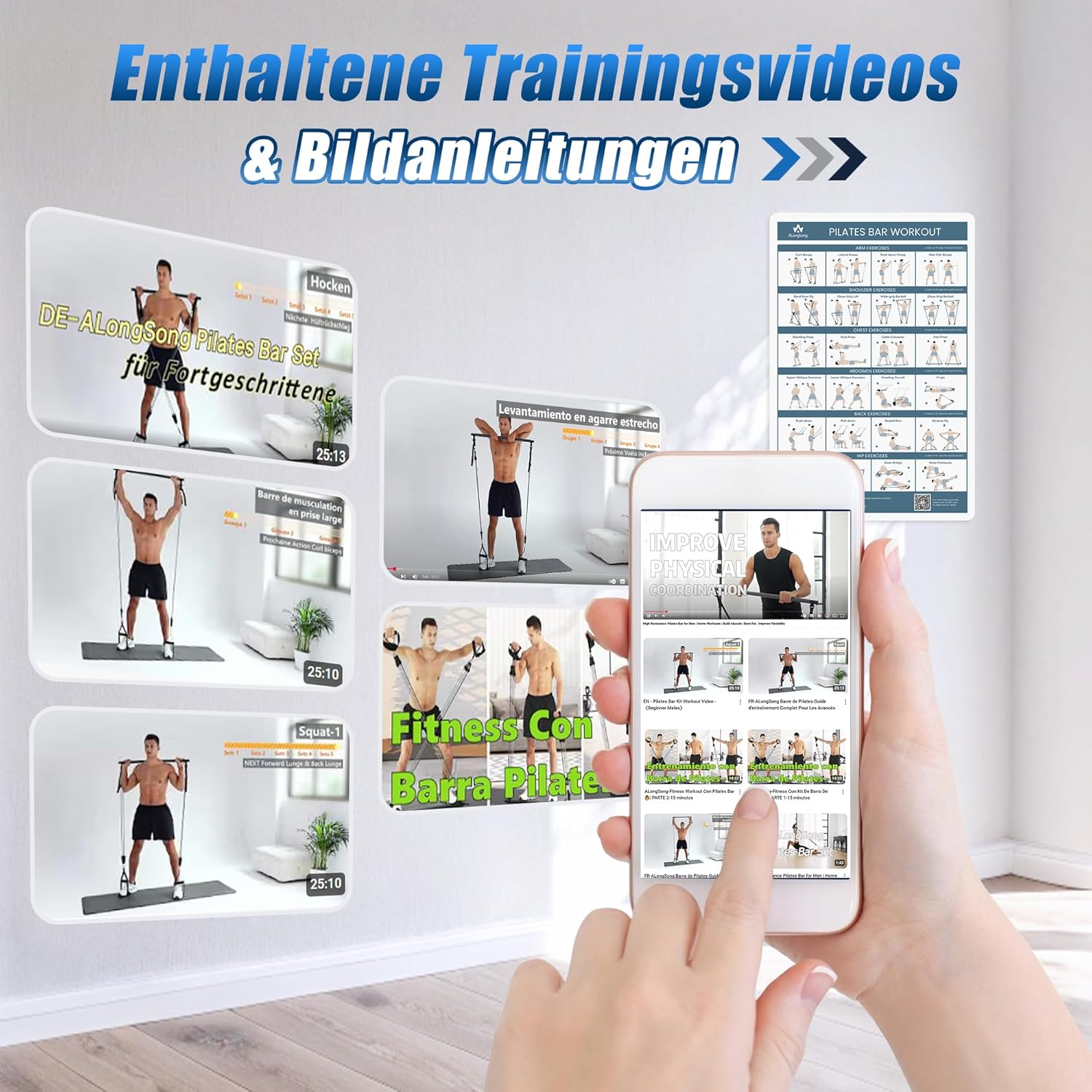 ALongSong Pilates Bar Set mit Widerstandsbändern Krafttraining 180LBS/140LBS/240LBS/360LBS Resistance Bands Fitnessbänder Set & Pilates-Stange, Griffe für Fitness/Yoga/Gym – Bild 4