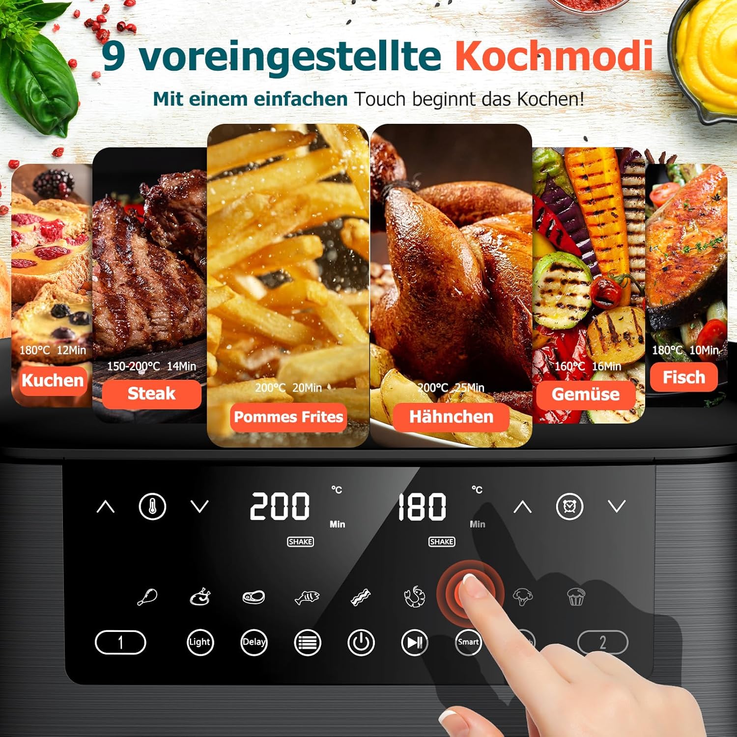 Heißluftfritteuse, 2 Kammern mit Sichtfenster, 9 l Airfryer, 2 Fächer, 9-in-1, Touchscreen, spülmaschinenfeste Körbe, antihaftbeschichtete Fritteusenkörbe, gesunde Fritteuse ohne Öl und fettarmes Kochen – Bild 3