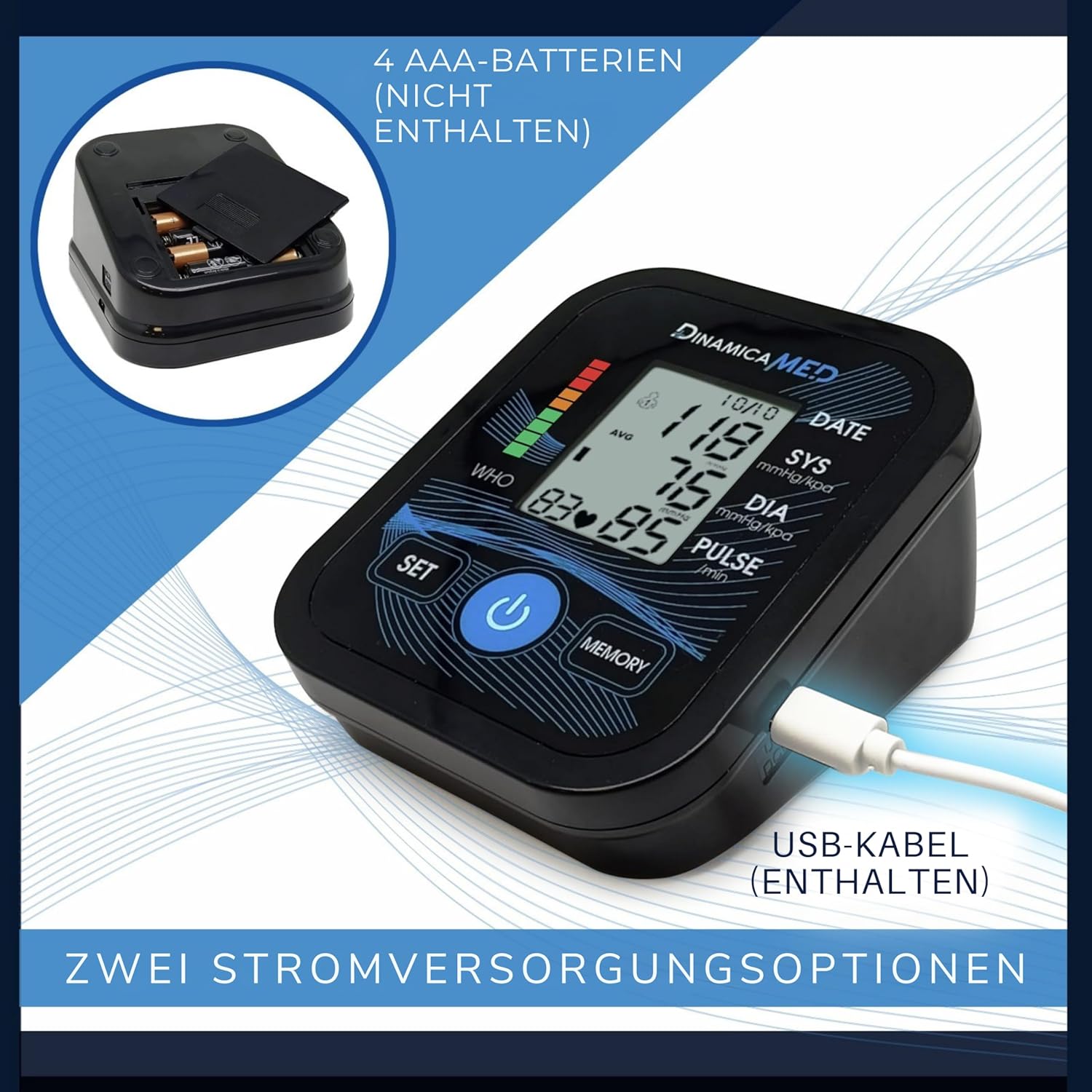 Dinamicamed – Digitales Oberarm-Blutdruckmessgerät A139 mit großem Display – Blutdruck- und Pulsmessung, Arrhythmie-Erkennung, 2 Benutzerprofile je 99 Speicherplätze, verstellbare Manschette 22–42 cm – Bild 4