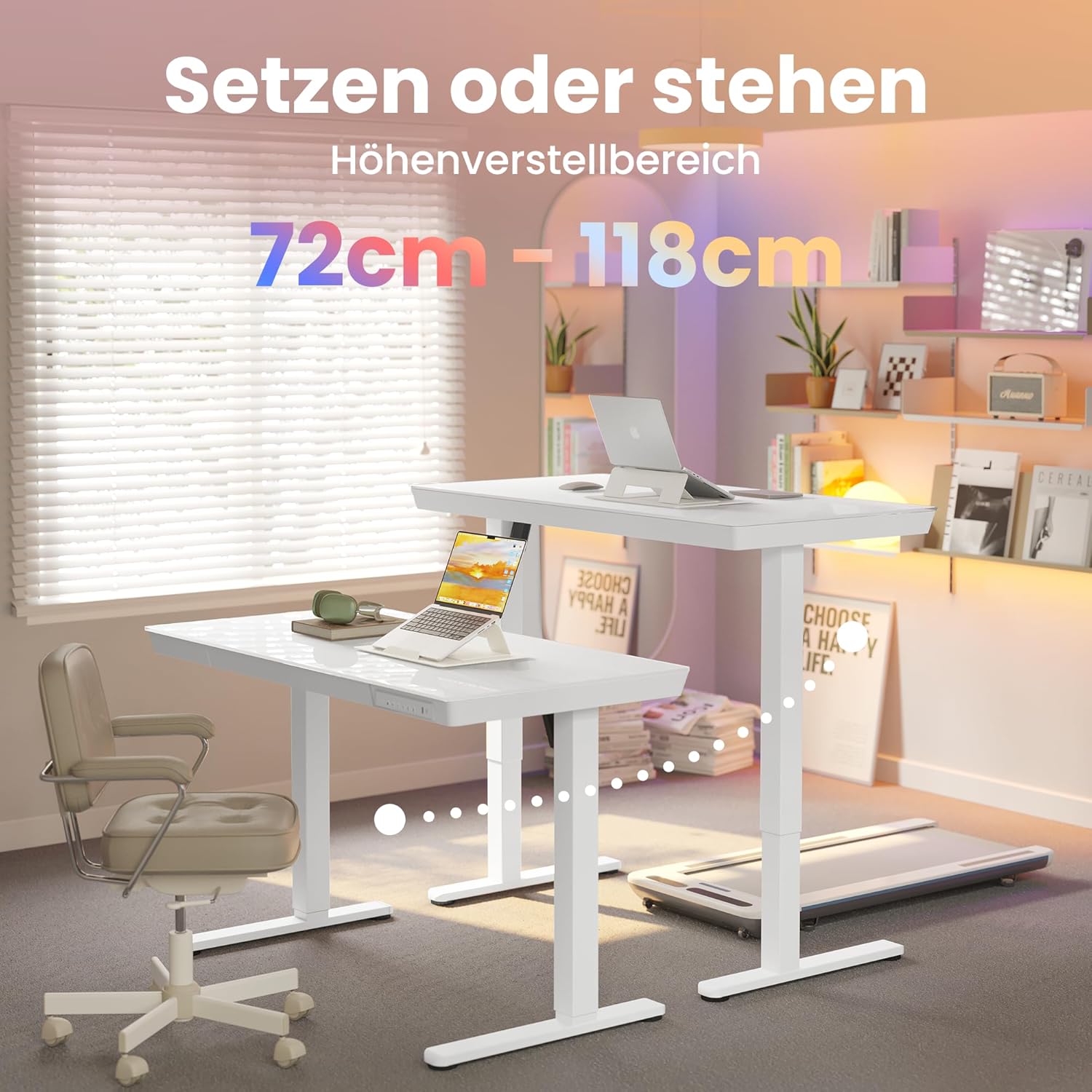HUANUO 88 x 50 cm höhenverstellbarer Schreibtisch aus Glas mit Schublade, höhenverstellbarer Schreibtisch, ganze Tischplatte, USB-Ladeanschluss und 3 Speicherfunktionen, Weiß – Bild 8