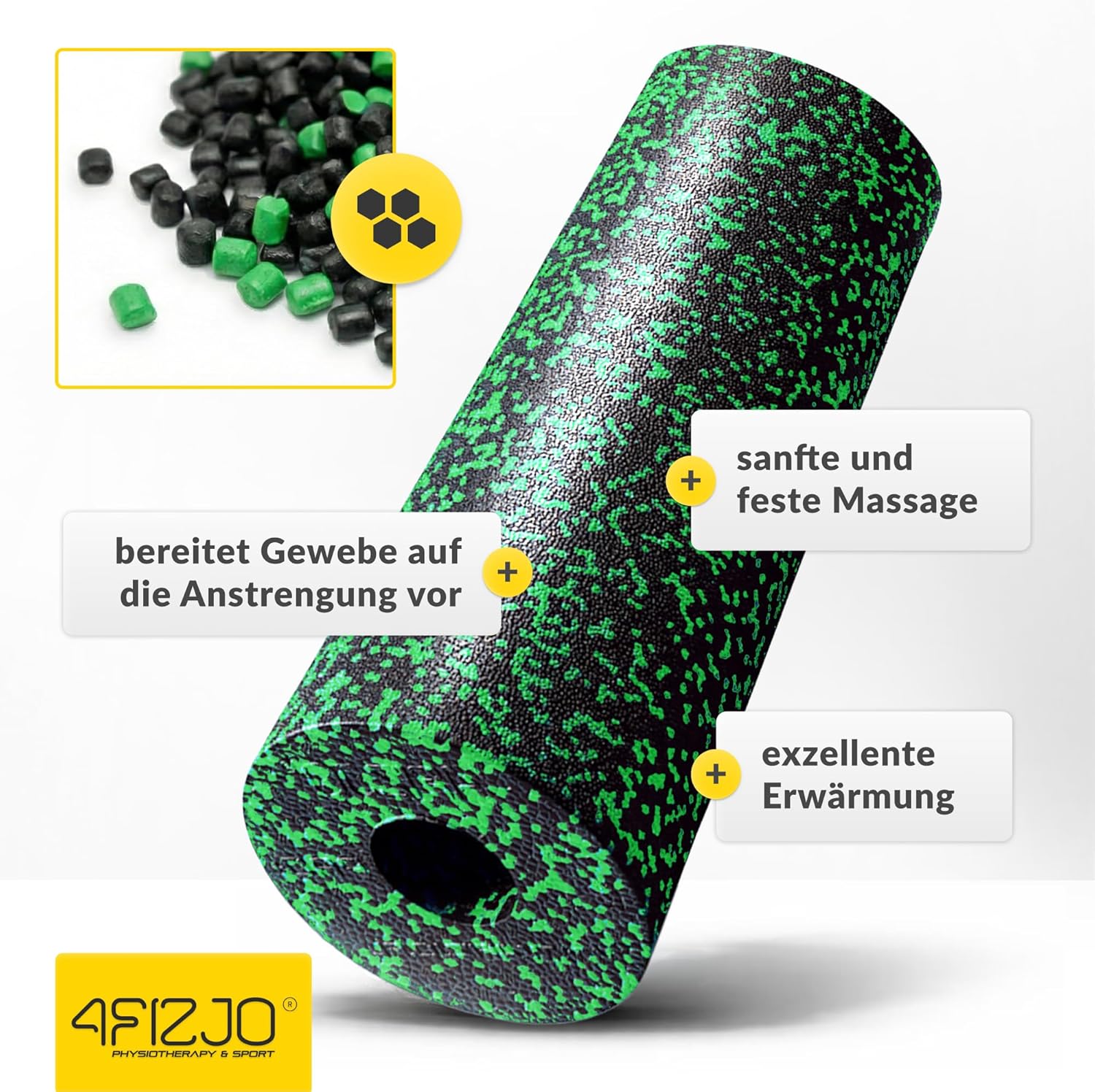 4FIZJO Faszienrolle Schaumstoff, Durchmesser 14,5 cm, Länge 45 cm, Massagerolle, Rückenrolle, Fitnessrolle, leicht, hart, Schaumstoffrolle, Faszientraining, Massagetraining, Schwarz/Grün – Bild 7