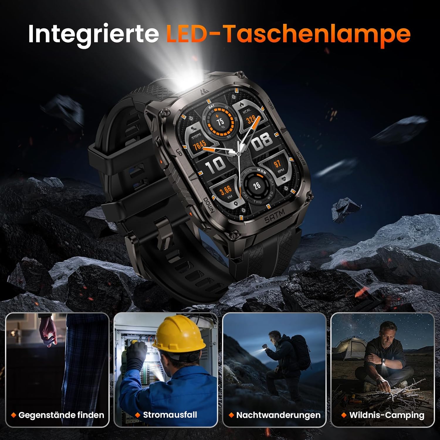 KOSPET Tank M4C Herren-Smartwatch mit LED, 1,96 Zoll AMOLED, Dualband-GPS & Kompass, ultralange Akkulaufzeit, 24/7 Herzfrequenz- & Schlaf-Tracking, 50 m wasserdicht, Bluetooth, Android & iOS (Schwarz) – Bild 3
