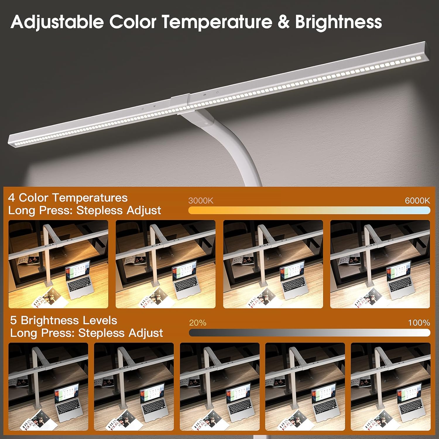 EYOCEAN LED-Schreibtischlampe mit automatischer Dimmung, 80 cm Vollspektrum-Tischlampe, klemmbar mit einstellbaren Farbtemperaturen, Augenschutz-Tageslichtlampe, Klemmleuchte, Monitorlampe mit Timer-Funktion – Bild 5