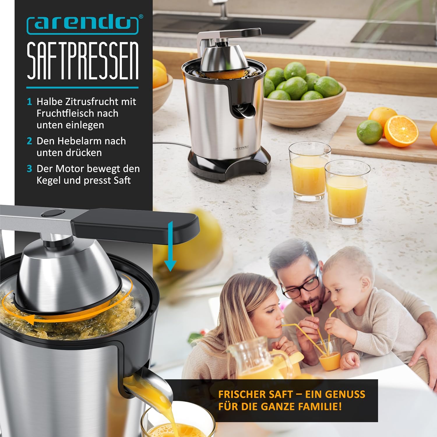 Arendo - Edelstahl-Entsafter elektrisch 1000 Watt – Zitruspresse Orangenpresse – Hochleistungsmotor – sehr hohe Ergiebigkeit – Edelstahlkegel – BPA-frei – spülmaschinenfest – Bild 5