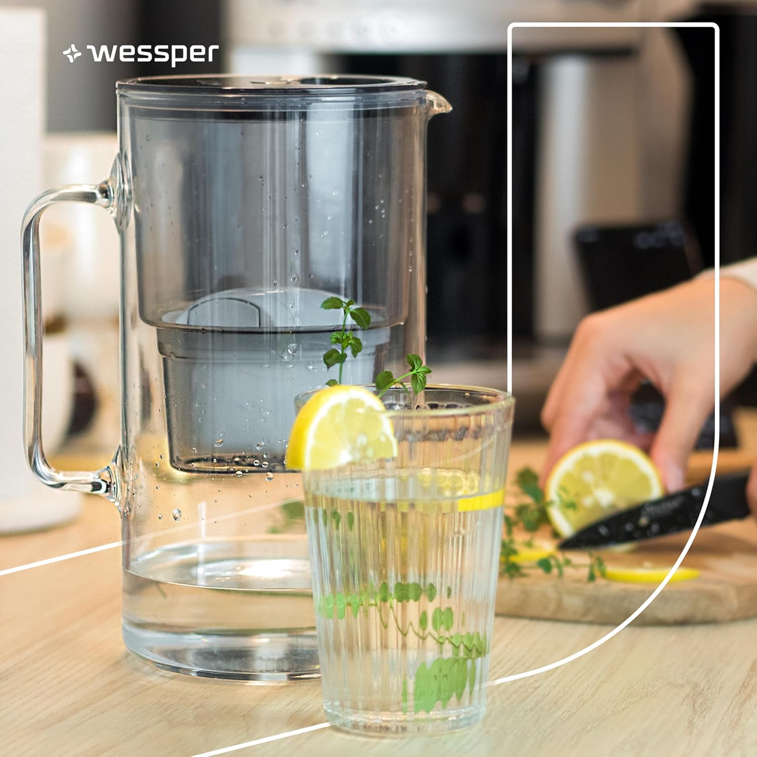 Wessper Wasserfilterkrug Glas 3 L, Set Wasserkrug und 2 Filterkartuschen, kompatibel mit Brita Maxtra, Wasserkaraffe für Trinkwasser mit Ersatzfilter, Schwarz – Bild 7