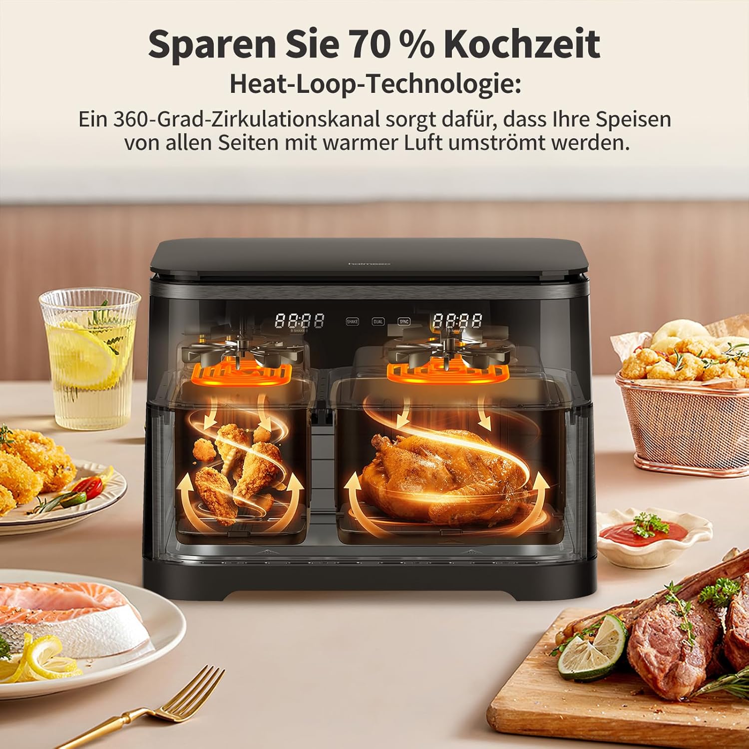 Digitaler Airfryer 11L, Heißluftfritteuse 2 Kammern mit Grillfunktion, 10-in-1, ölfreie Heißluftfritteuse mit Schüttelerinnerung – Bild 4