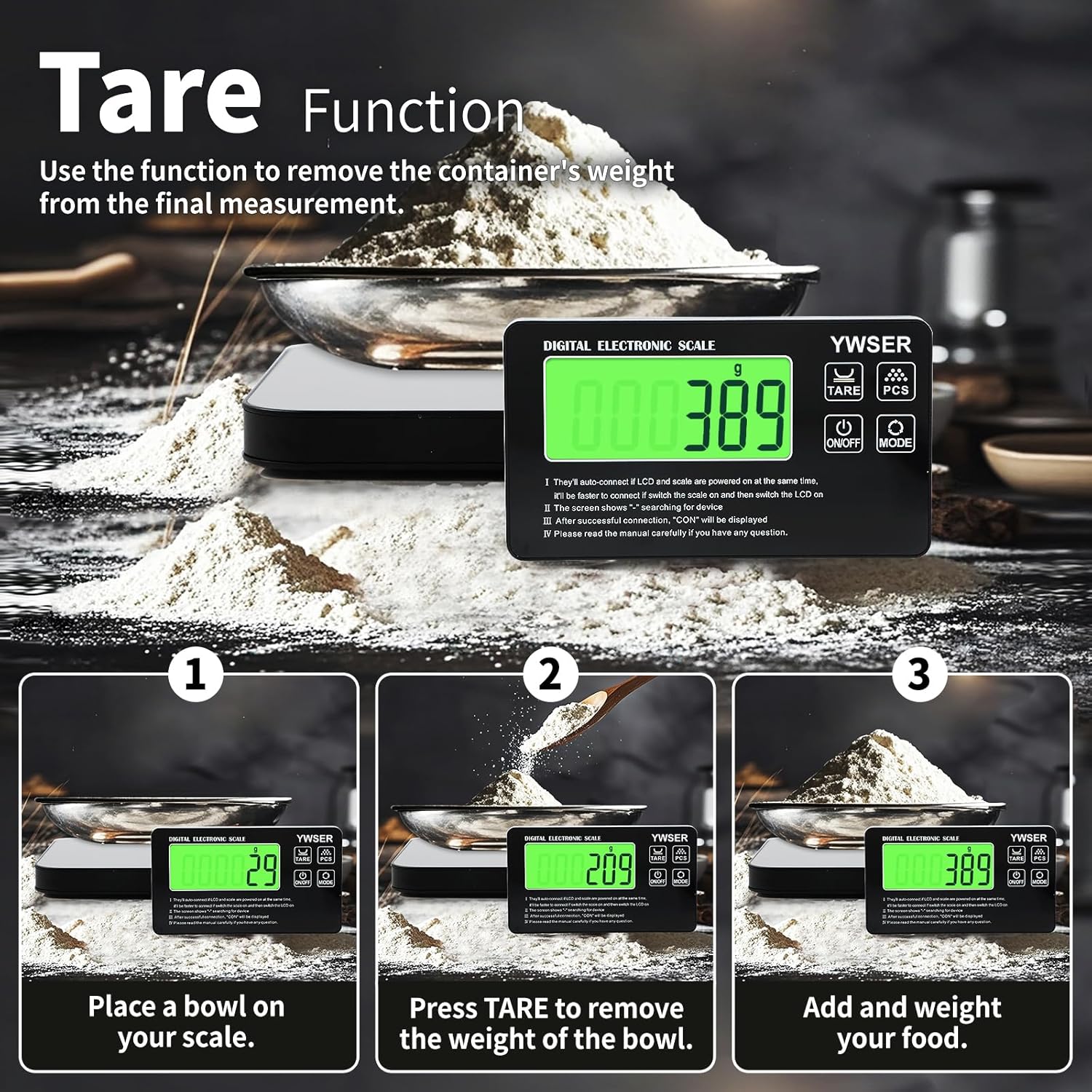 15 kg digitale Küchenwaage mit LCD-Fernanzeige, geteiltes Display für einfaches Ablesen und Reinigen, 1 g Präzision, 7 Einheiten, Tara-Funktion zum Backen, Kochen (Silber-Schwarz) – Bild 9