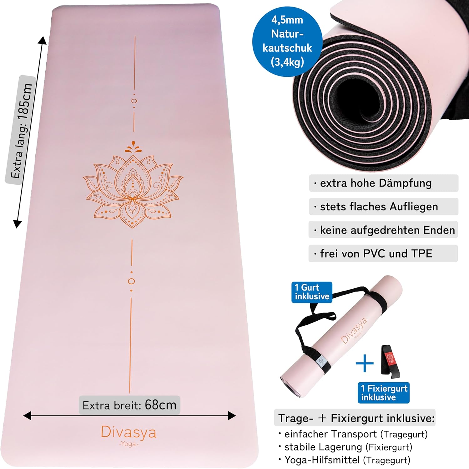 Rutschfeste Premium-Yogamatte: Rutschfester Naturkautschuk und japanische Profi-Griffoberfläche | 185 x 68 x 0,45 cm | Tragegurt | 4,5 mm dicke Yogamatte, rutschfest – Bild 6