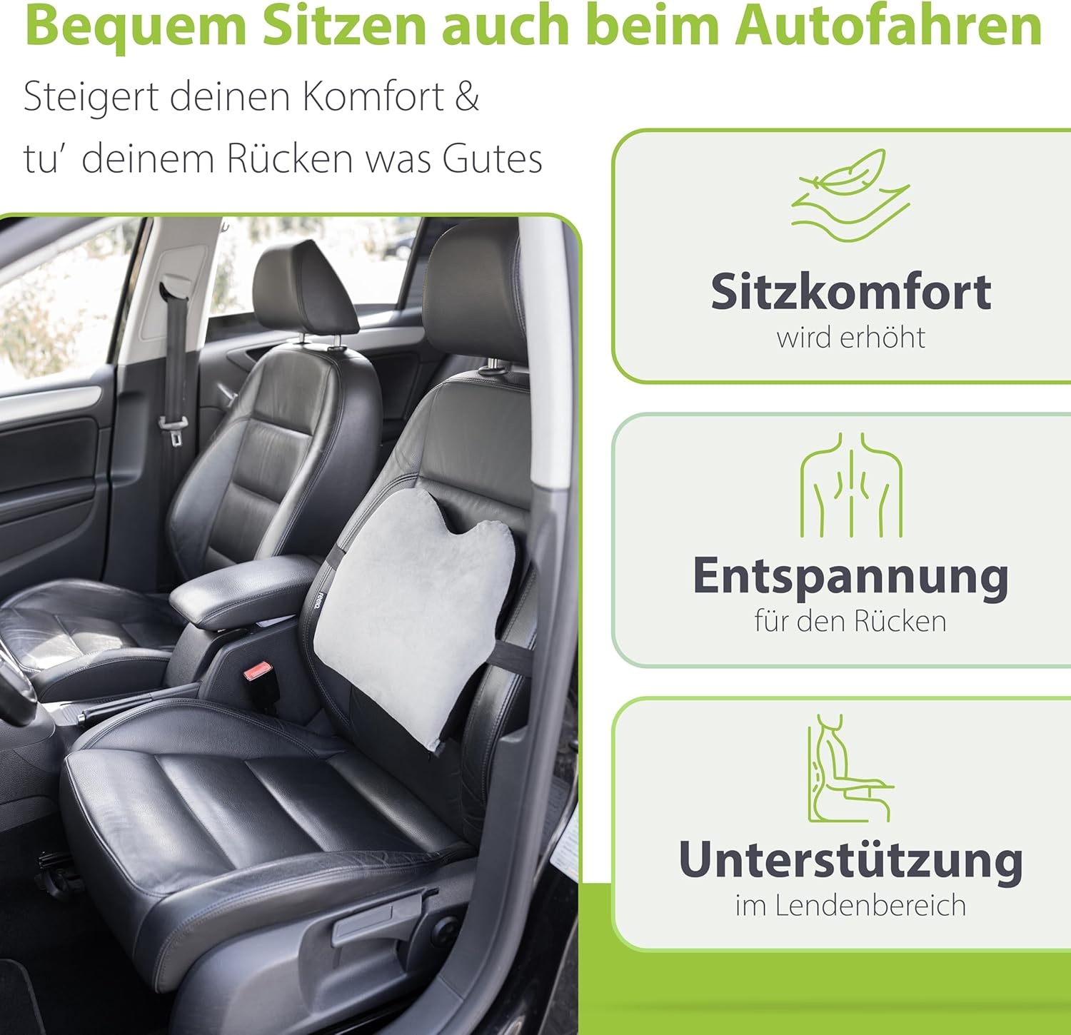 Feela. Ergonomisches Rückenkissen für Auto- und Bürostühle | Rückenstützkissen aus Memory-Schaum für Sitzkomfort und Haltung – verstellbare Passform für Autositze und Bürostühle (Silber) – Bild 2
