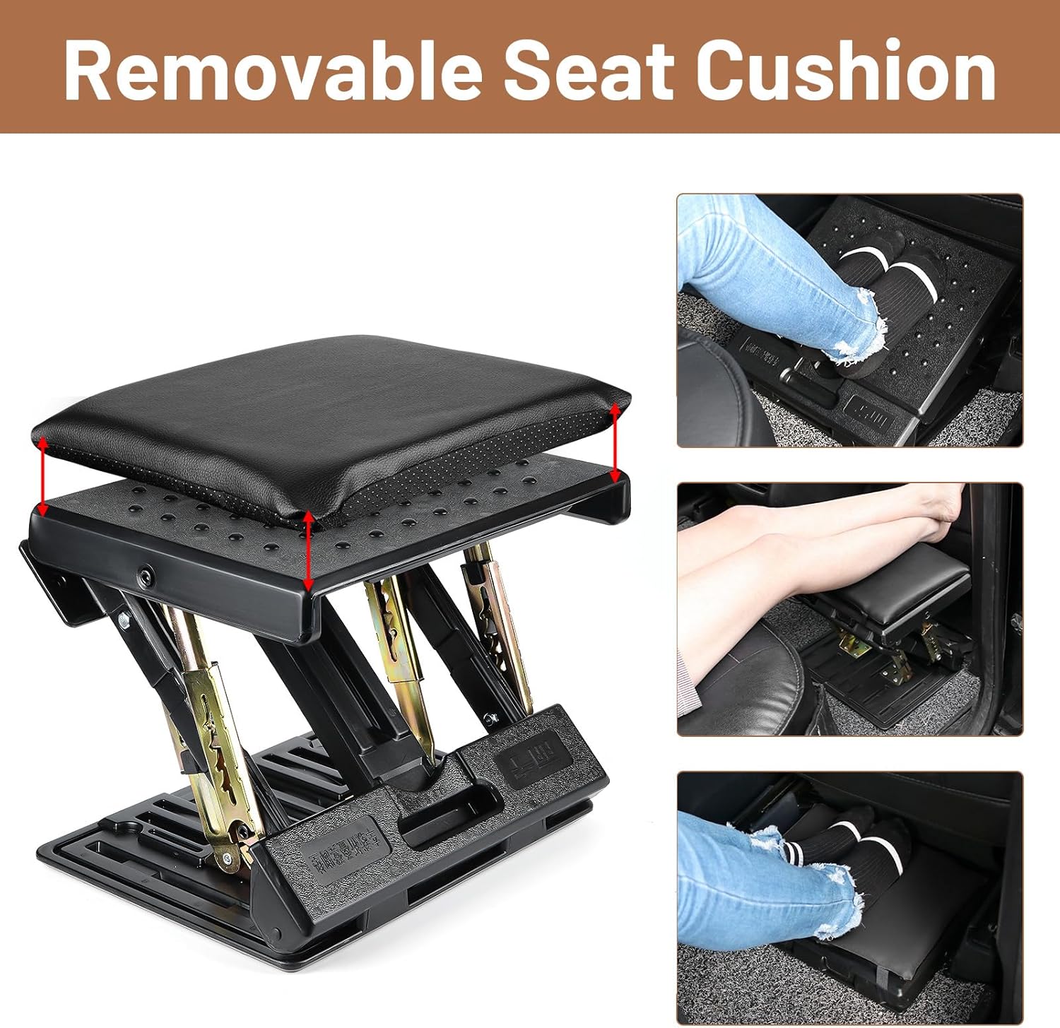 Schreibtisch-Fußstütze, 4 Höhenverstellungen, ergonomische Fußstütze, verstellbar mit abnehmbarem Kissen, rutschfeste Fußstützen für Auto, Schreibtisch, Büro, Zuhause, Reisen, Schwarz – Bild 5