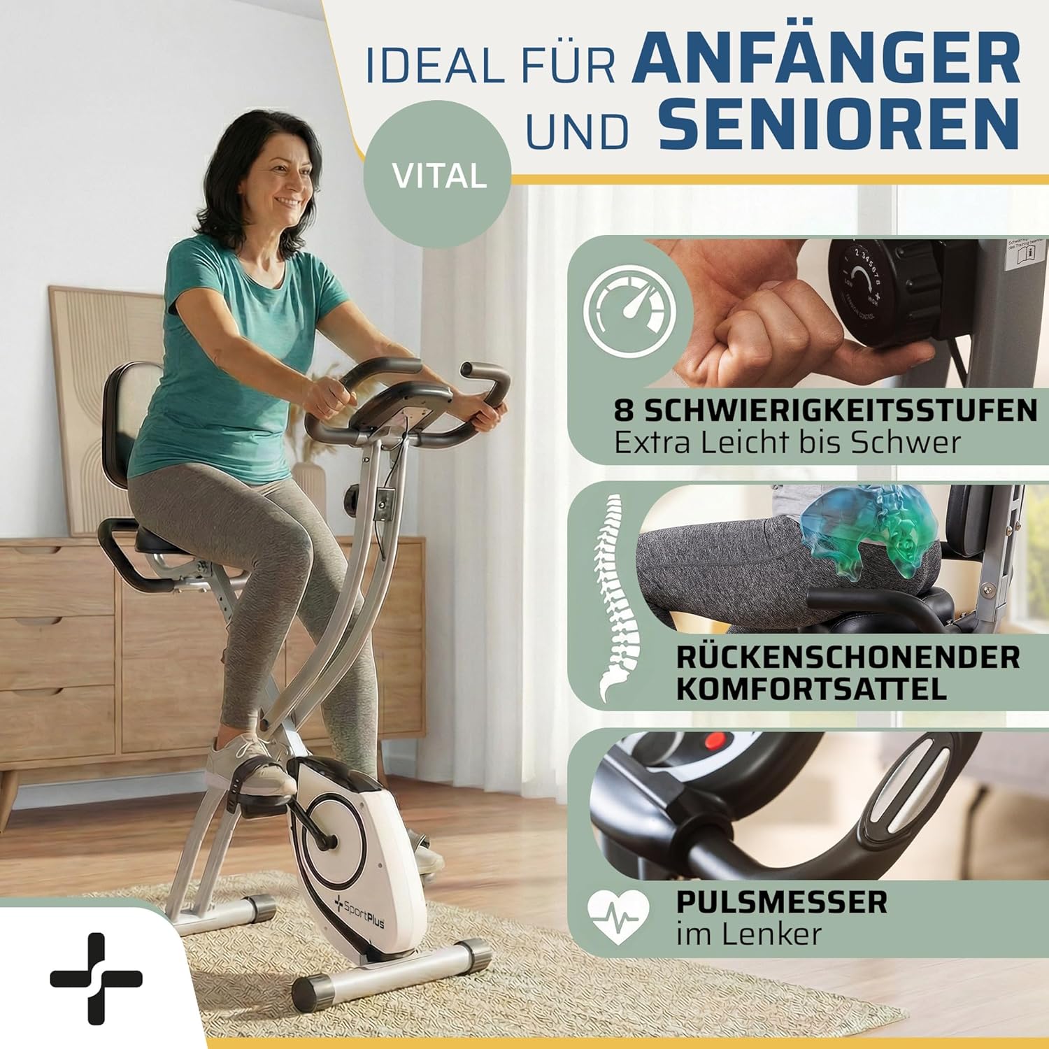 SportPlus Heimtrainer Fahrrad klappbar - Hometrainer Fahrrad klappbar - extra leiser Hometrainer für zuhause - Faltbares Fitnessbike - Ergometer Heimtrainer mit Rückenlehne – Bild 3