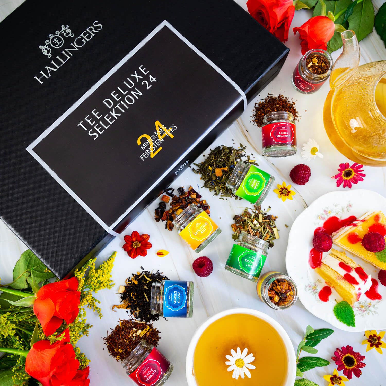 Hallingers Genuss Manufaktur Tee-Geschenkset – 24 Sorten Premium Loser Tee Probierset in edler Geschenkbox mit Rezeptheft „Tee Deluxe Selection 24“, Geschenkidee für Sie und Ihn – Bild 2