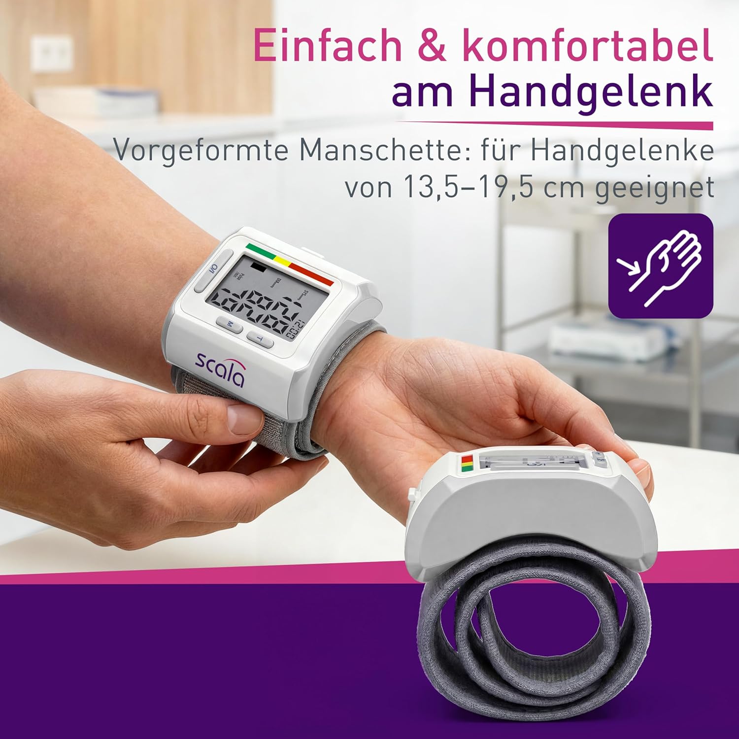 scala SC 6400 Silver Handgelenk-Blutdruckmessgerät – Präzises Blutdruckmessgerät mit WHO-Anzeige & 85 Speicherplätzen – Fuzzy-Logic-Technologie – inklusive Box & Batterien – Manschette 13,5–19,5 cm – Bild 2