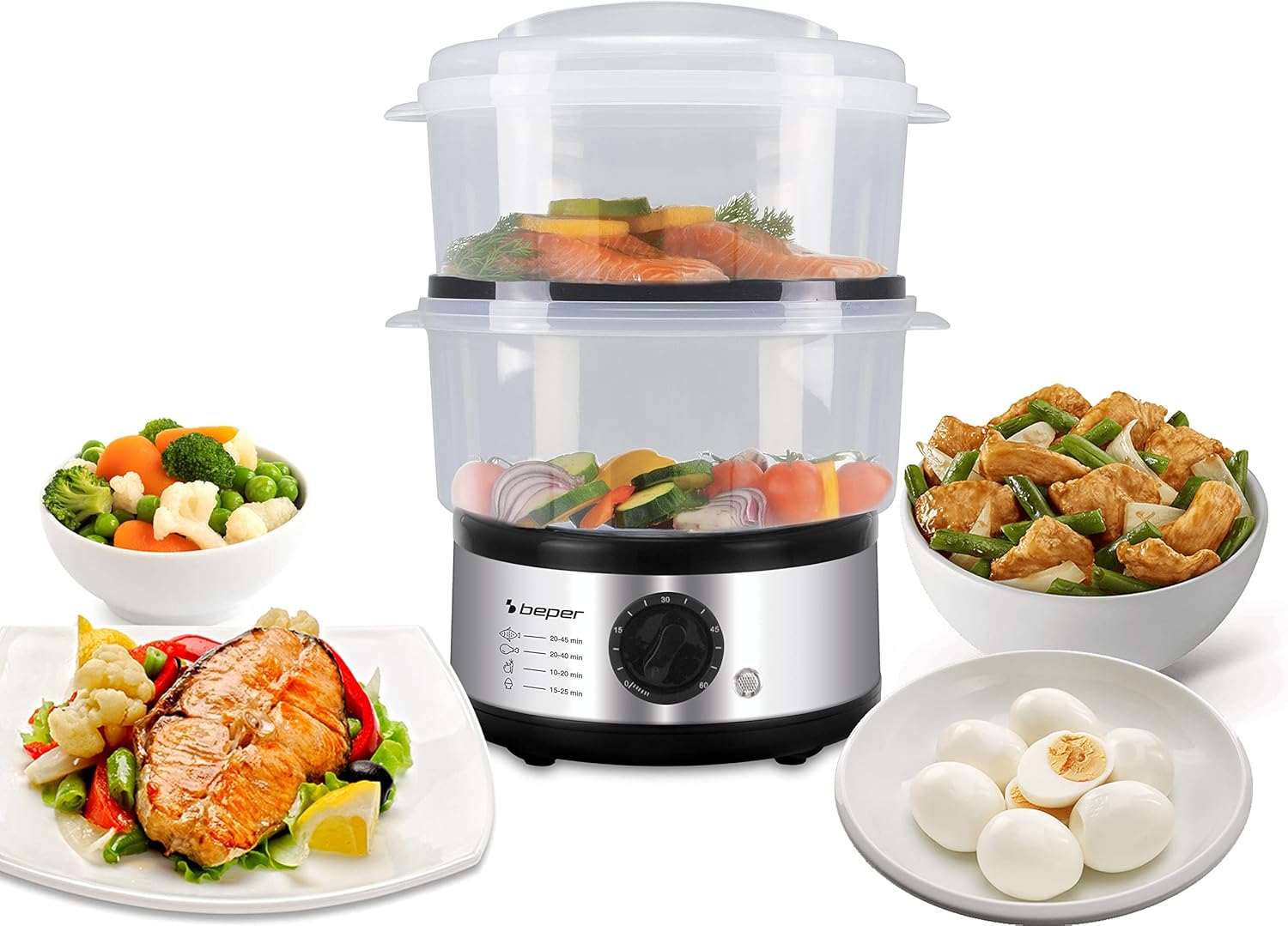 Beper – 5 l Multifunktions-Dampfgarer, kompakte Aufbewahrung, 60-Minuten-Timer, Leistung 400–500 W, – Silber und Schwarz