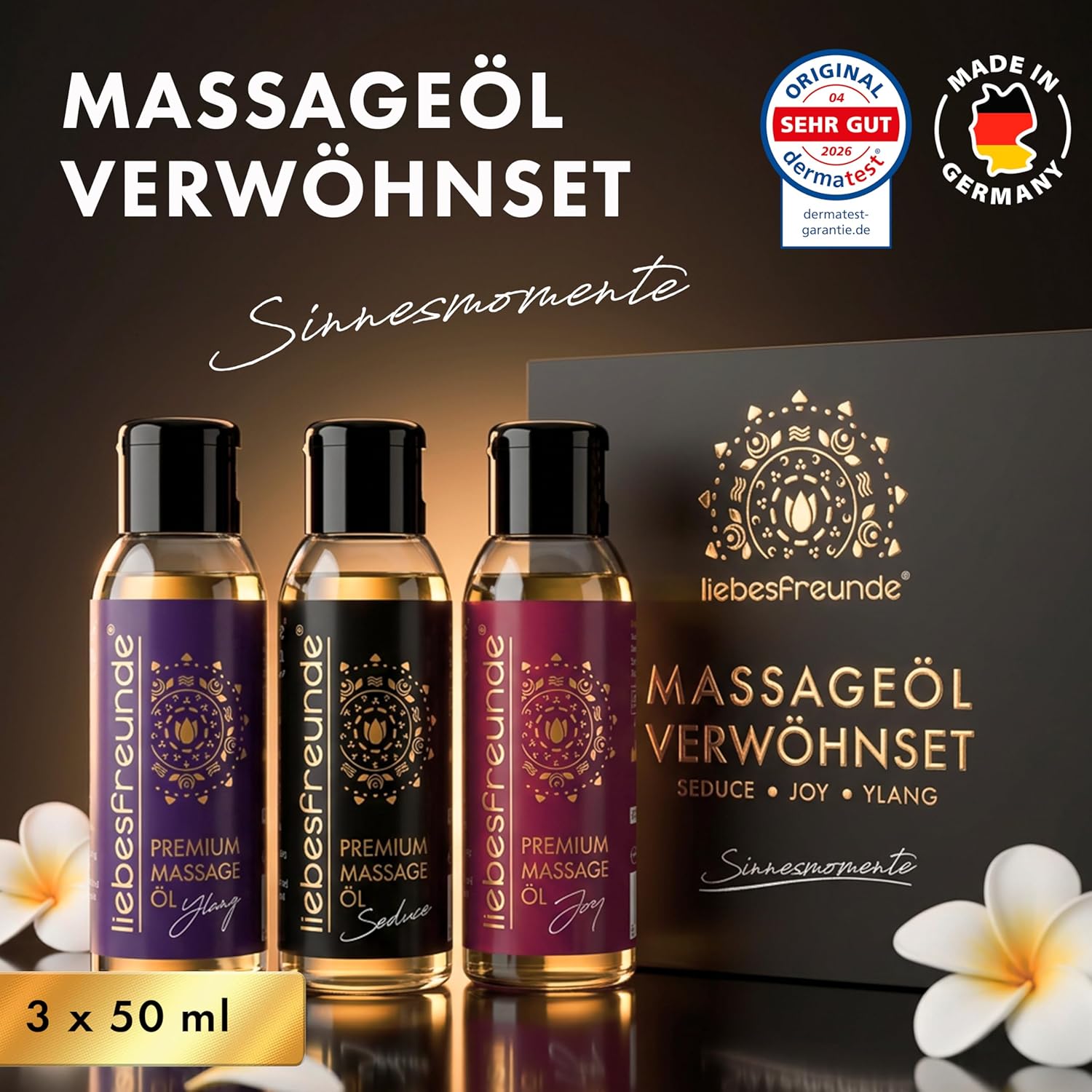 Liebesfreunde Massageöl Geschenkset – 3 x 50 ml Wellnessöl zur Entspannung, erotisches Massage Geschenkset für Damen & Herren – Bild 2