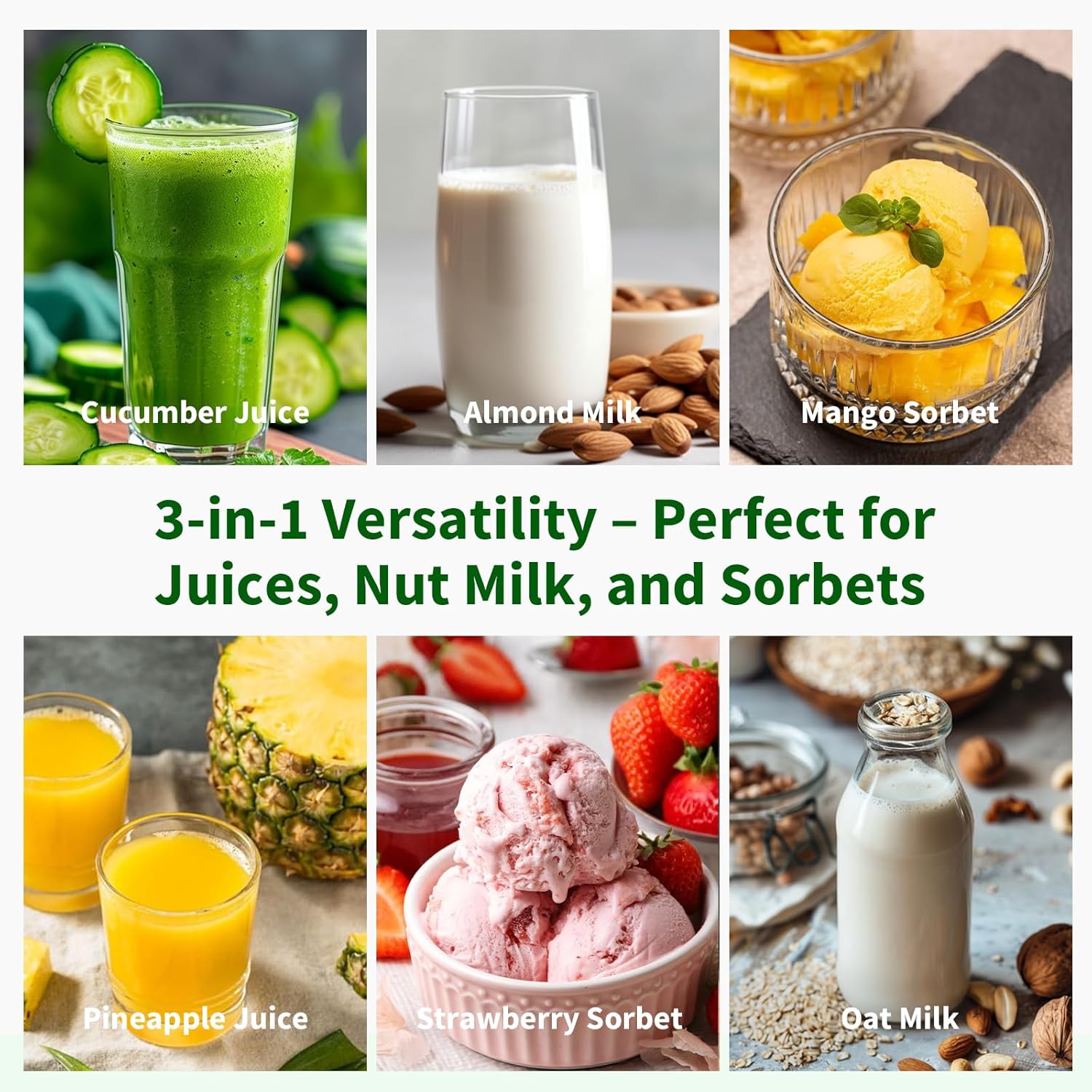 Slow Juicer 400 W, 152 mm extra großer Einfüllschacht für ganze Früchte und Gemüse, hohe Saftausbeute, 3-in-1-Sieb (Saft, Sorbet, Nussmilch), BPA-frei, spülmaschinenfest, 1,8 l – Bild 3