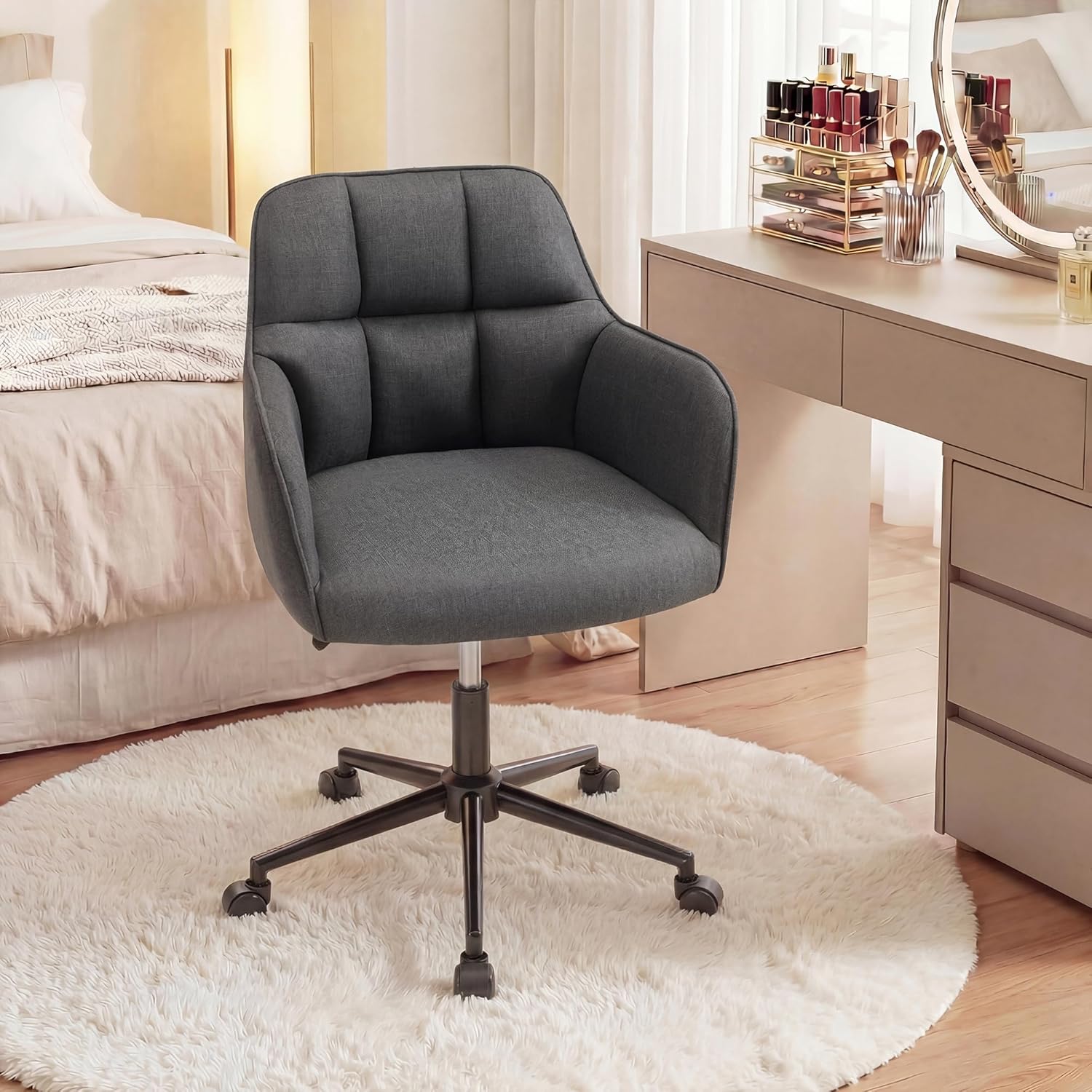 YOUDENOVA Schreibtischstuhl, Drehstuhl mit Rollen, Schminkstuhl Höhenverstellbar, Homeoffice Stuhl, Bürostuhl Ergonomisch, Vanity Chair für Mädchen Arbeitszimmer Schlafzimmer Büro, Leinen Dunkelgrau – Bild 8