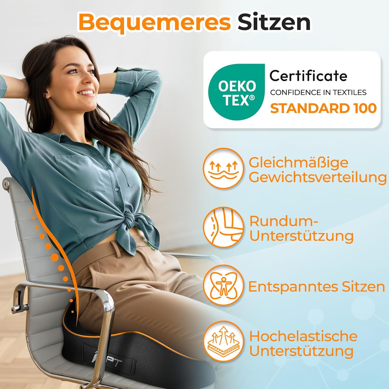 Sitzkissen – bequemes Sitzkissen für Bürostühle, Autositze, Rollstuhl, Gaming-Stuhl, bequeme Unterstützung für langes Sitzen, atmungsaktiv mit rutschfester Unterseite (schwarz) – Bild 3