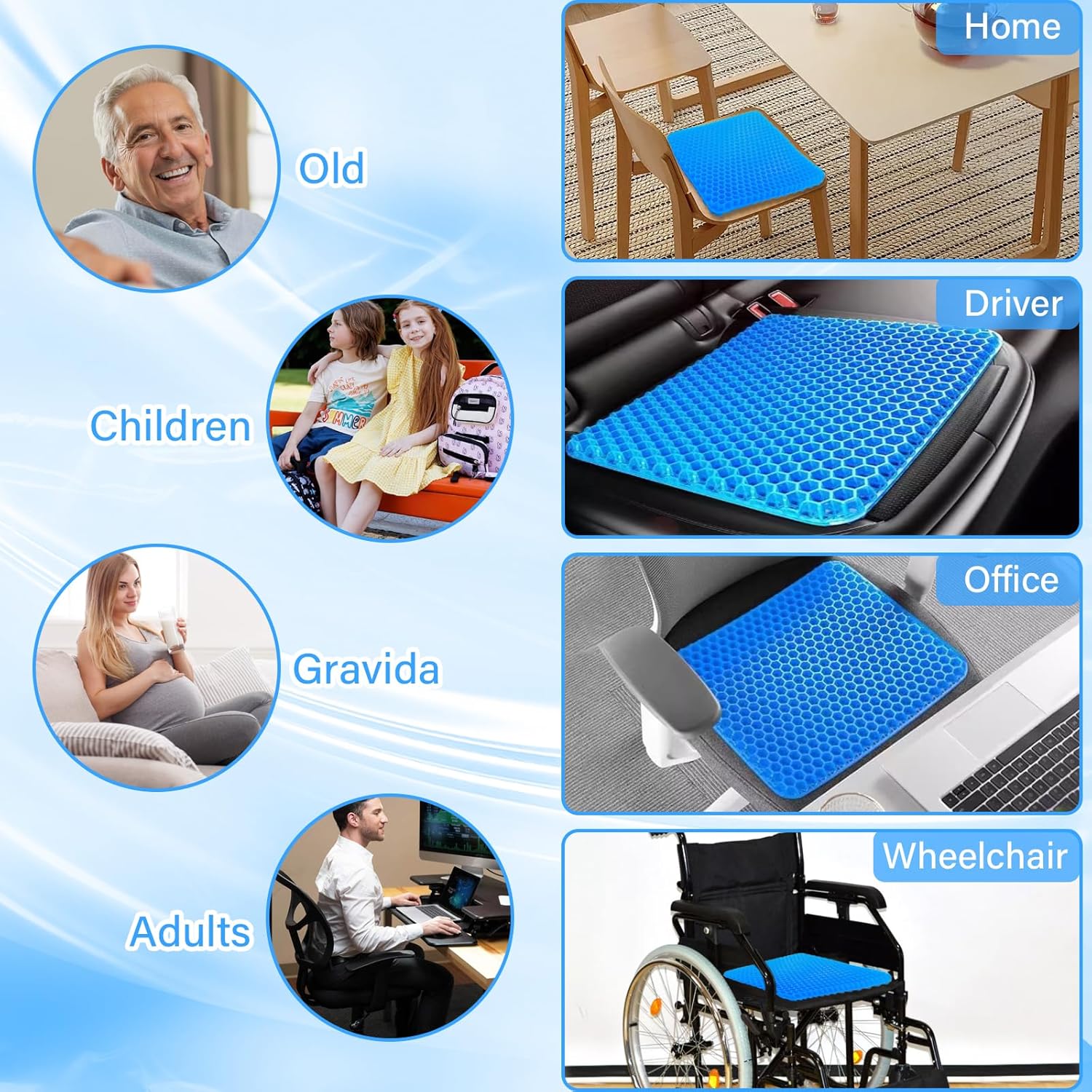 Gel-Sitzkissen, großes Gel-Sitzkissen, Gel-Kissen, orthopädisches, doppelt dickes Gel-Kissen mit rutschfester Linderung von Ischias- und Steißbeinschmerzen, Gel-Sitzkissen, orthopädisch für Auto, Bürostuhl – Bild 7
