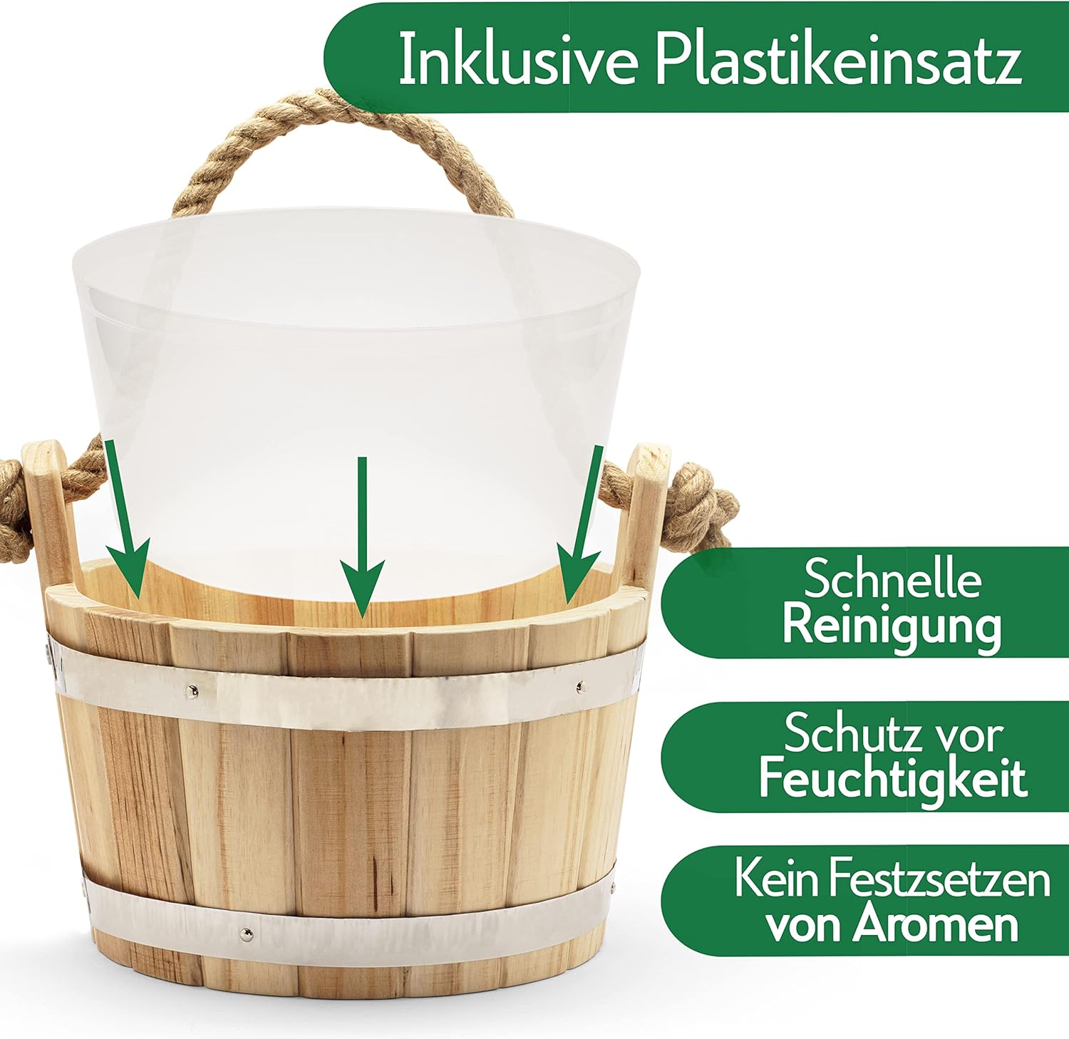CozyNature® Saunakübel mit Schöpfkelle aus hochwertigem finnischen Kiefernholz, elegante Metallringe, starkes Hanfseil und Kunststoffeinsatz, 100 % handgefertigt, traditionelles Design, 4 Liter, mit E-Book – Bild 4