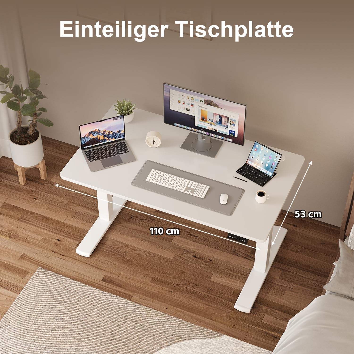 JUMMICO Elektrisch höhenverstellbarer Schreibtisch – Stehsitztisch mit Memory-Funktion & kompletter Tischplatte, Computertisch für Büro & Zuhause, 110 x 53 cm, Weiß – Bild 3