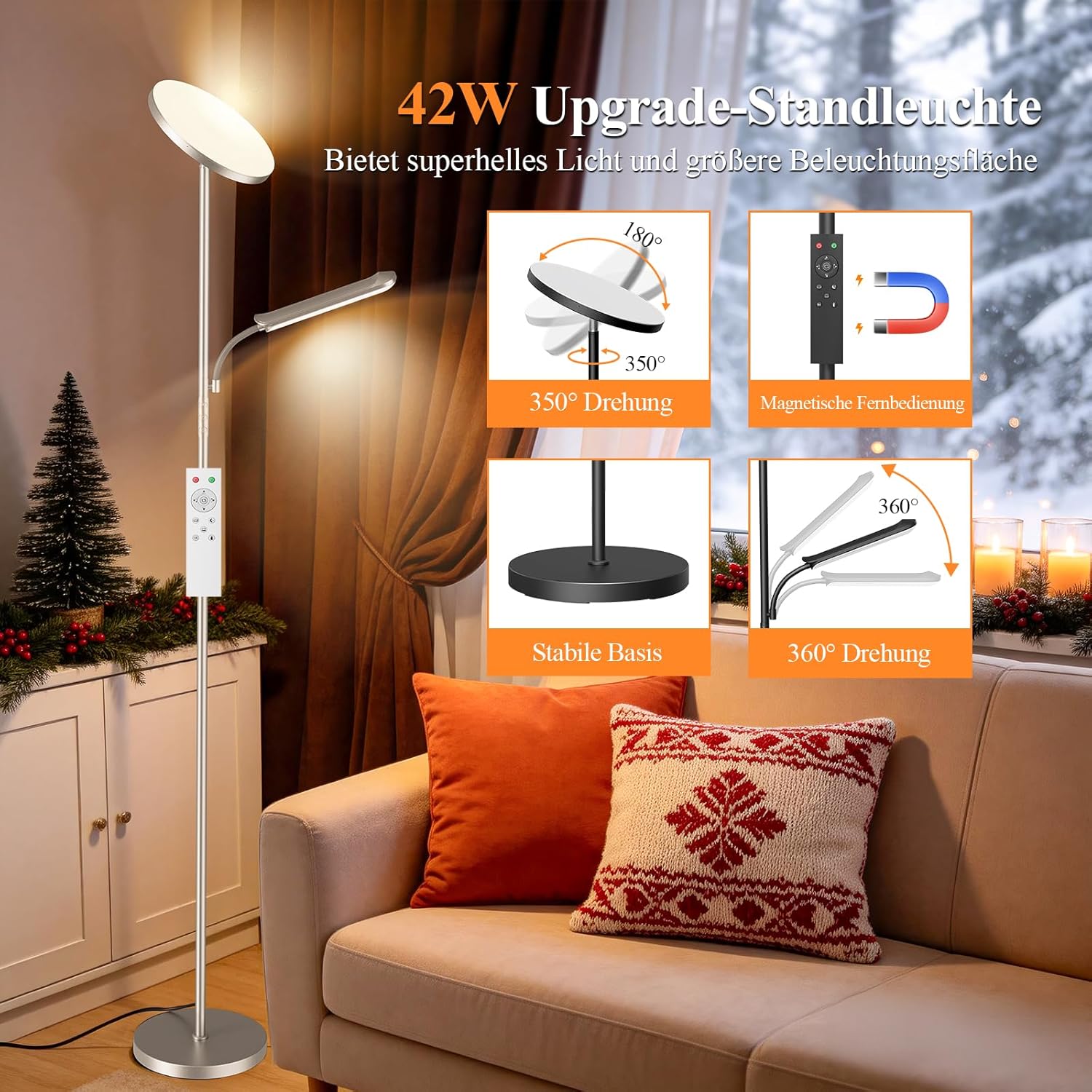 Wohnzimmer-Stehlampe, 42 W Deckenfluter mit Leselampe, 4200 LM LED-Stehlampe, dimmbar mit 2700 K-6500 K Farbtemperatur, moderne Stehlampe mit Fernbedienung und Touch-Steuerung – Bild 5