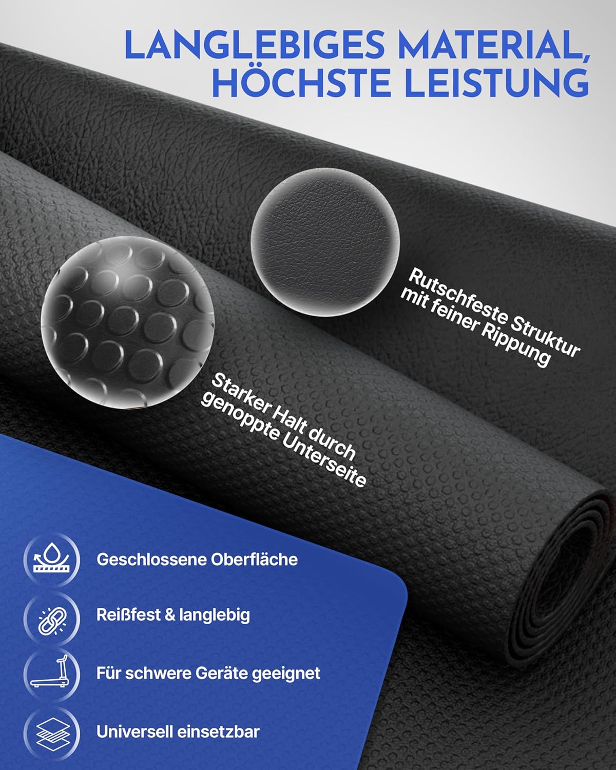 NEOLYMP Bodenschutzmatte Fitnessgeräte (120 x 60 cm) – Laufbandmatte 8 mm Stärke – langlebig, rutschfest & stoßdämpfend – Fitness-Unterlegmatte für Crosstrainer – Gymnastikmatte, Fitnessmatte – Bild 2
