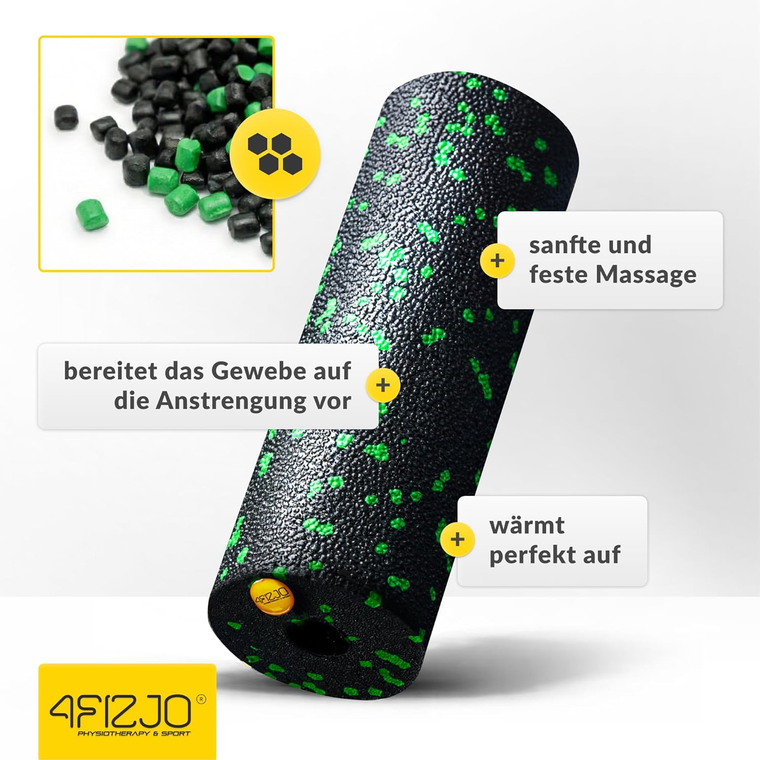 4FIZJO Faszienroller Schaumstoff, Durchmesser 5,5 cm, Länge 15 cm, Massagerolle, Rückenrolle, Fitnessrolle, leicht, hart, Schaumstoffrolle, Faszientraining, Massagetraining, Schwarz/Grün – Bild 6