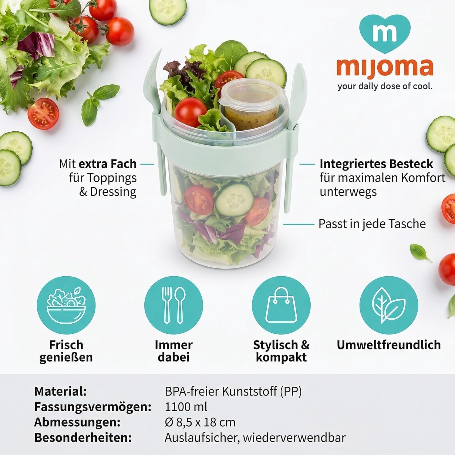 MIJOMA Salat-To-Go-Becher mit Besteck 1100 ml, auslaufsicher, BPA-frei – Meal-Prep-Behälter mit extra Fach für Dressing & Toppings – Salatbox für Reisen & Büro (Mintgrün) – Bild 3