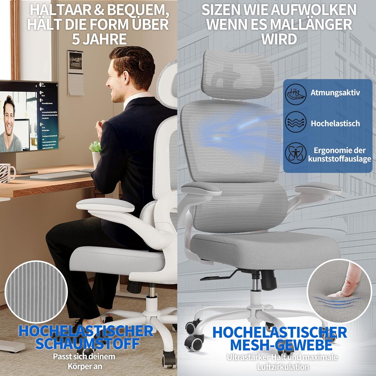 TRALT Ergonomischer Bürostuhl mit verstellbarer Lendenwirbelstütze, Kopfstütze, Gaming-Stuhl, Bürostuhl, Schreibtischstuhl, Heimbürostuhl, ergonomisch, 150 kg, für große Menschen, Grau – Bild 7