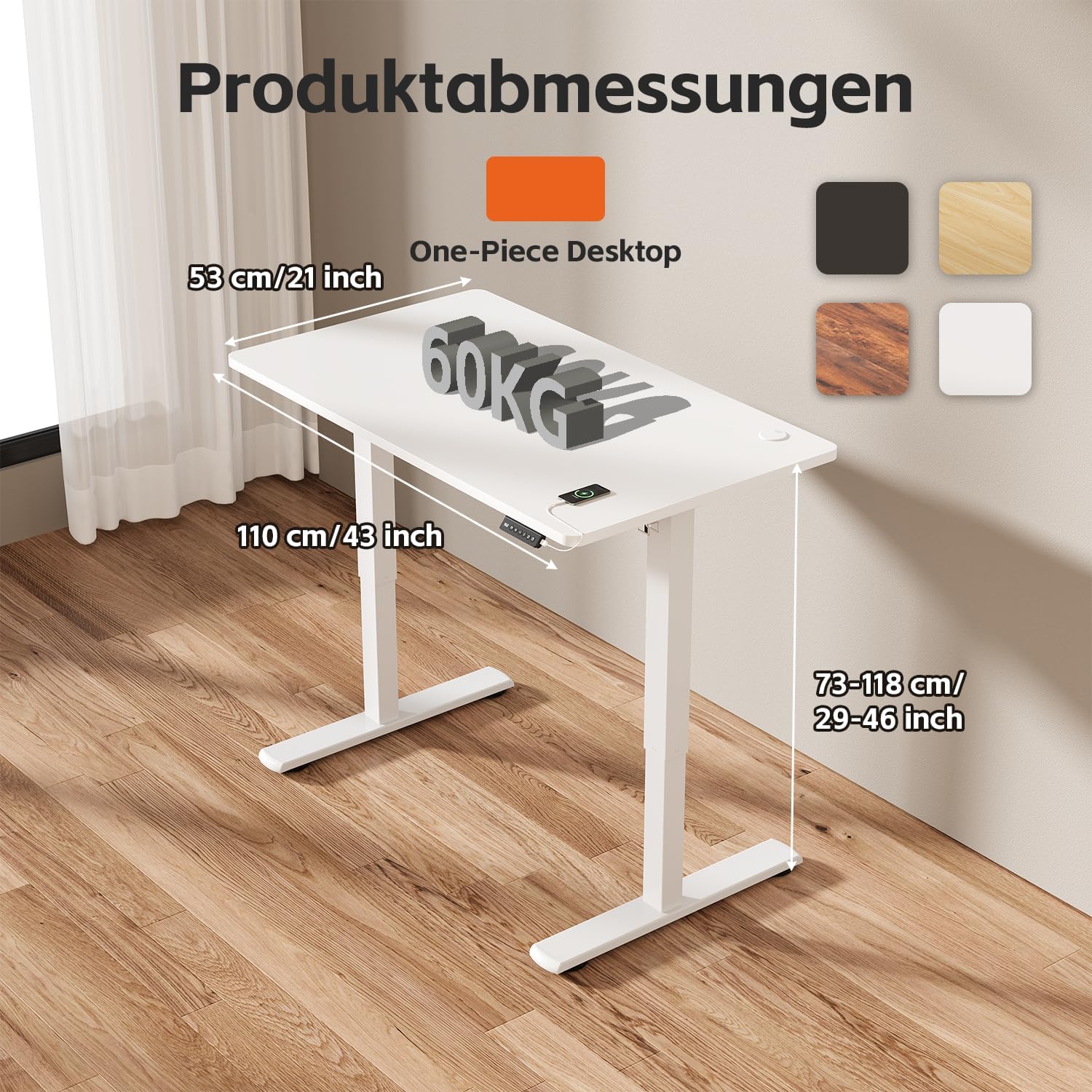 JUMMICO Elektrisch höhenverstellbarer Schreibtisch – Stehsitztisch mit Memory-Funktion & kompletter Tischplatte, Computertisch für Büro & Zuhause, 110 x 53 cm, Weiß – Bild 7