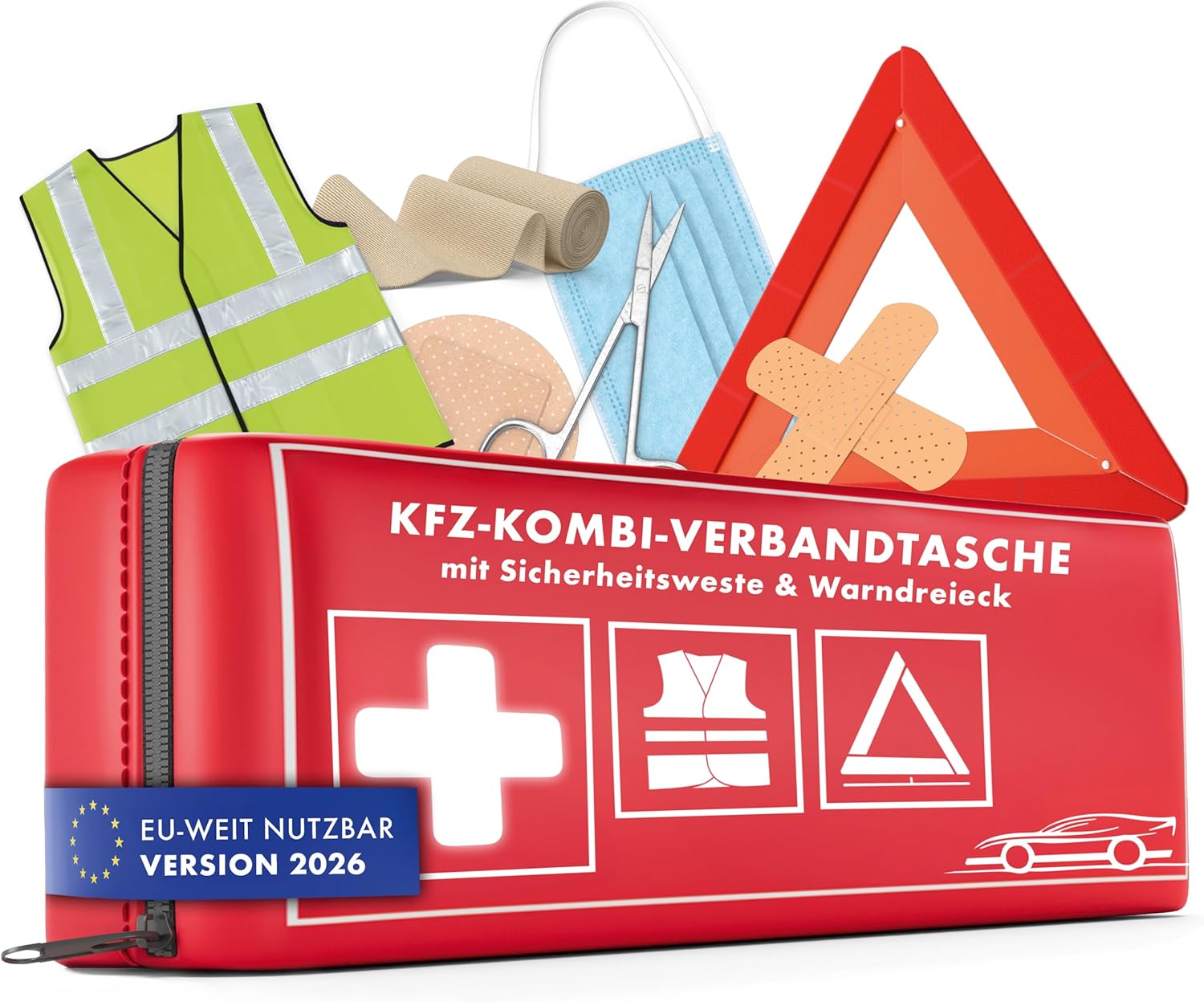 WALSER Kfz-Verbandstasche 2026 nach StVO konform, 3-in-1 Kfz-Verbandskasten mit Pannendreieck und Warnweste, Kombitasche, Verbandskasten, Warnweste PKW + Warndreieck PKW DIN 13164