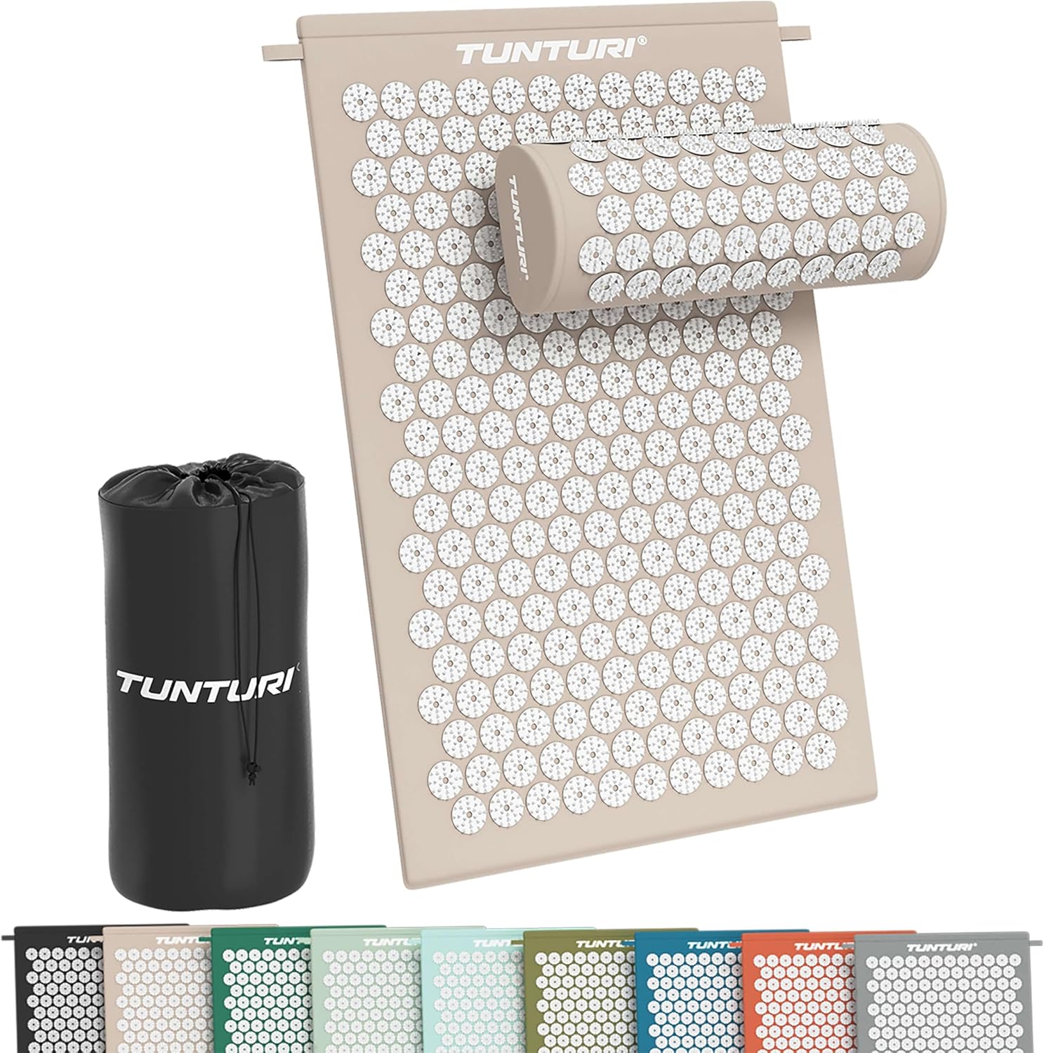 Tunturi Akupressurmatte mit Kissen – Akupunkturmatte – Stachelmatte für Rücken, Nacken, Fuß, Ganzkörper – 2-in-1-Nagelmatte, Akupressurmatte – Anti-Stress – 68 x 42 x 2 cm – Beige