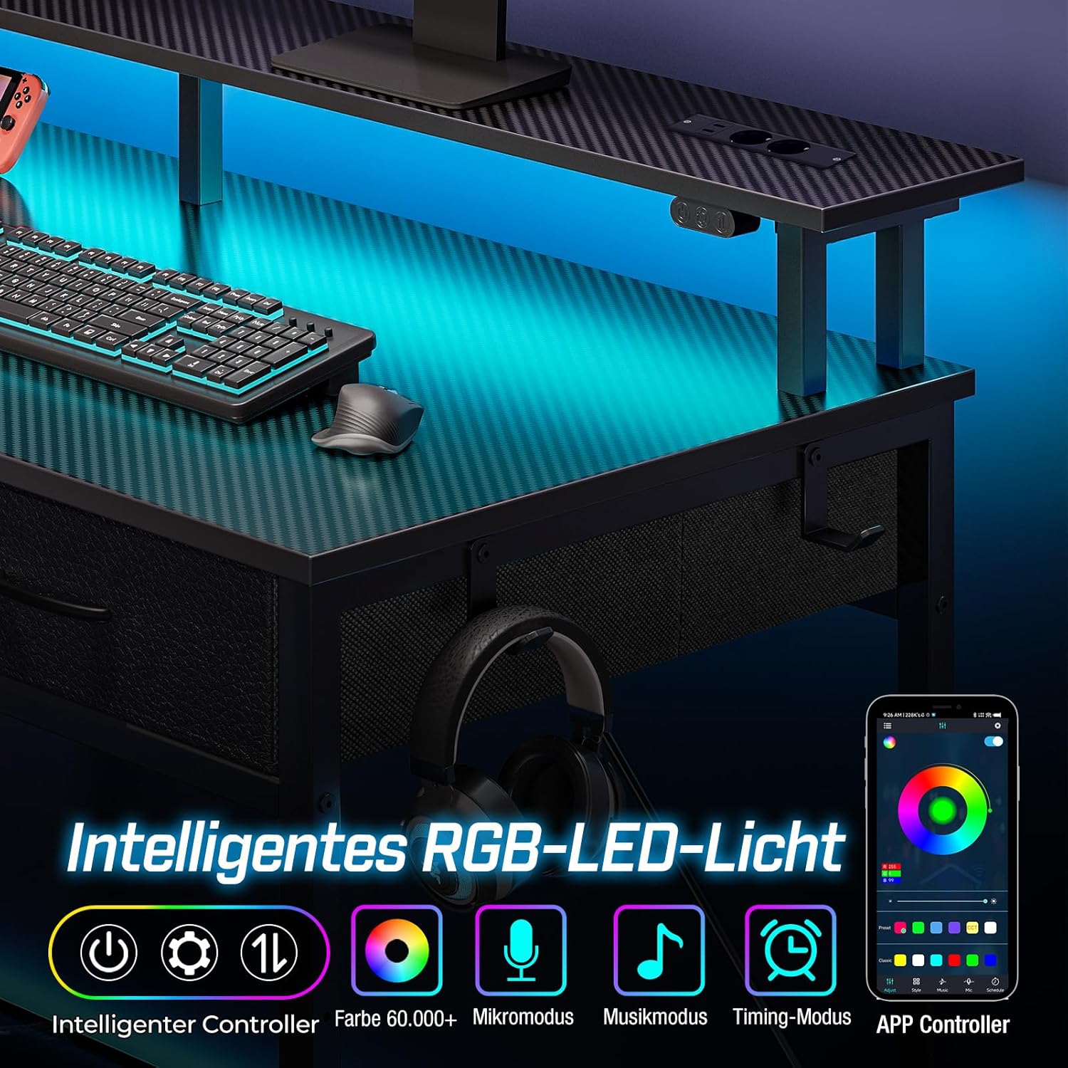 Rolanstar Schreibtisch mit Schubladen, Computertisch mit Steckdosen & LED, Gaming-Tisch mit Monitorständer, Ablage & 2 Haken, Gaming-Schreibtisch für Büro, Wohnzimmer (Schwarz, 100 x 47 x 90,5 cm) – Bild 4