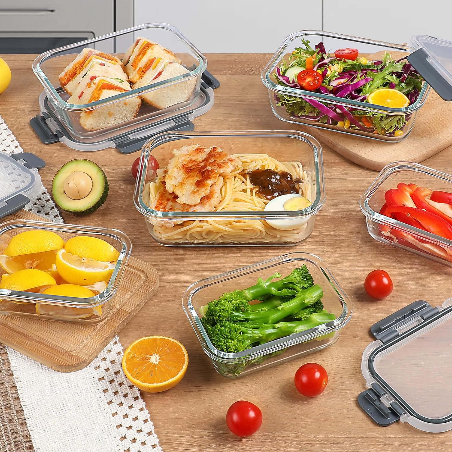 YASHE Glasbehälter mit Deckel, 12 Stück, stapelbare und luftdichte Meal-Prep-Boxen, Glas für spülmaschinenfeste, mikrowellen- und gefriergeeignete, auslaufsichere, BPA-freie Glasbehälter mit Deckel-Set – Bild 9