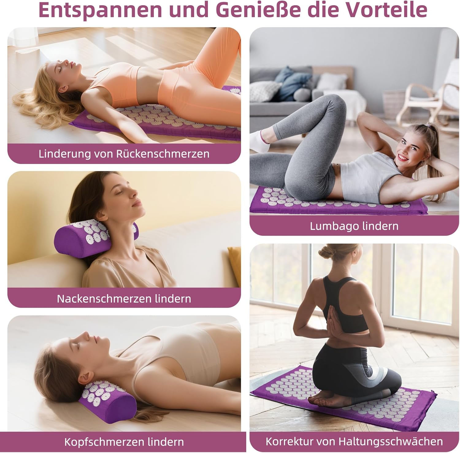 Akupressurmatte, Akupunkturmatte mit Kissen gegen Nacken- und Rückenschmerzen, Akupressurmatte für Magnetfeldtherapie, inklusive Tragetasche und zwei Massagebällen für Damen und Herren, Lila – Bild 3