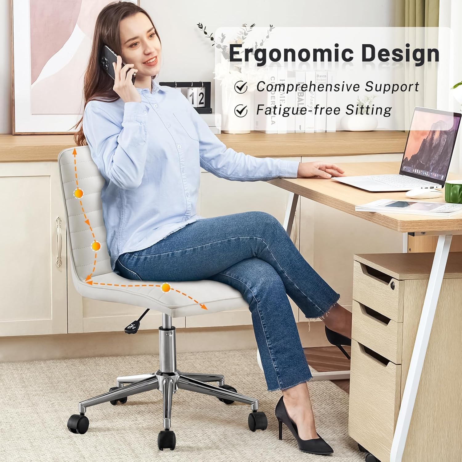 Hellove Bürostuhl, Schreibtischstuhl, ergonomischer PU-Leder-Drehstuhl ohne Armlehnen, höhenverstellbar, Home-Office-Stuhl, 360° drehbar, für Arbeitszimmer, Büro, Wohnzimmer, Schlafzimmer, Weiß – Bild 3
