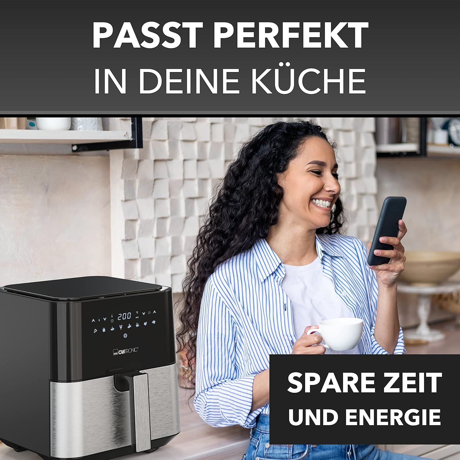 Clatronic FR 3782 H XXL Heißluftfritteuse – 5L Fritteuse | Heißluft für fettfreies Braten | Edelstahl-Airfryer mit digitalem Touchscreen | 360° Luftstrom | Heißluftfritteuse mit 8 Programmen – Bild 7