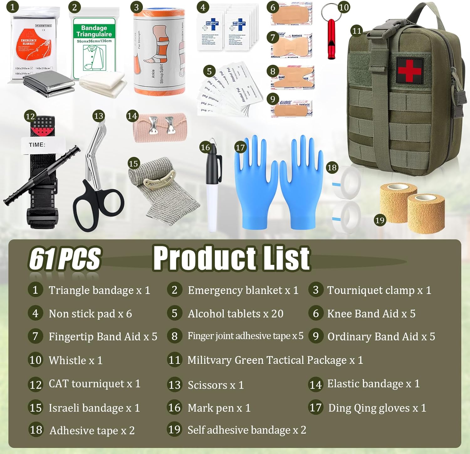 61-teiliges Outdoor-Erste-Hilfe-Set, Survival-Set, Erste-Hilfe-Set, Trauma-Erste-Hilfe-Tasche, Erste-Hilfe-Set Militär, Notfall-Trauma-Überlebensausrüstung, für Camping, Wandern, Radfahren, Klettern und Reisen – Bild 2