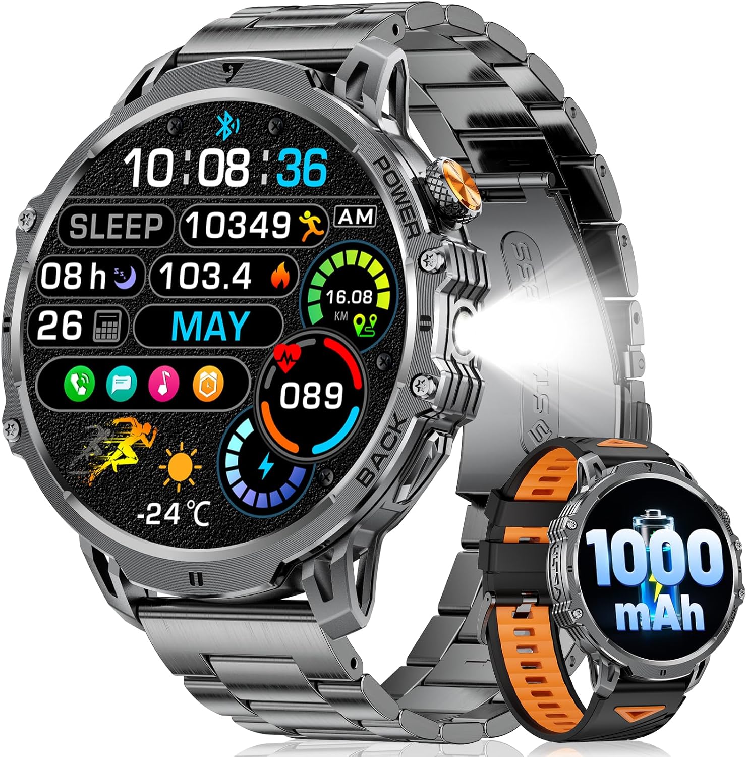 LIGE Military Smartwatch Herren – 1000 mAh/1,85 Zoll HD großer Touchscreen/LED-Licht, Fitnessuhr mit 110+ Sportmodi, Herz-/Schlaf-Tracking, 2 Armbänder, Sportuhr für iOS/Android, Mattschwarz
